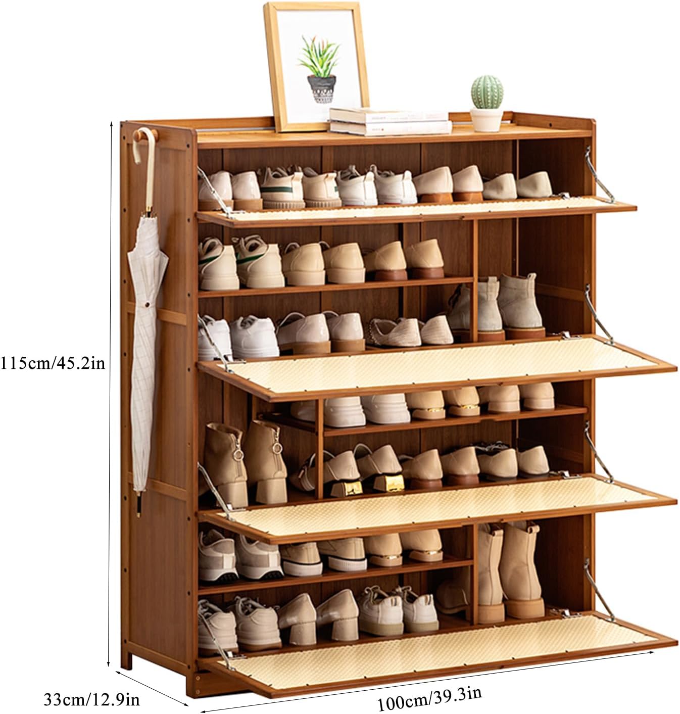 Shoe Storage Cabinet Cabinets Hallway Slim Cupboard Cupboards Hallways Slimline，Bamboo Shoe Storage Cabinet with Flip Doors, 2 Hooks, Stylish Shoe for Hallway & Living Room, Space-Saving Des