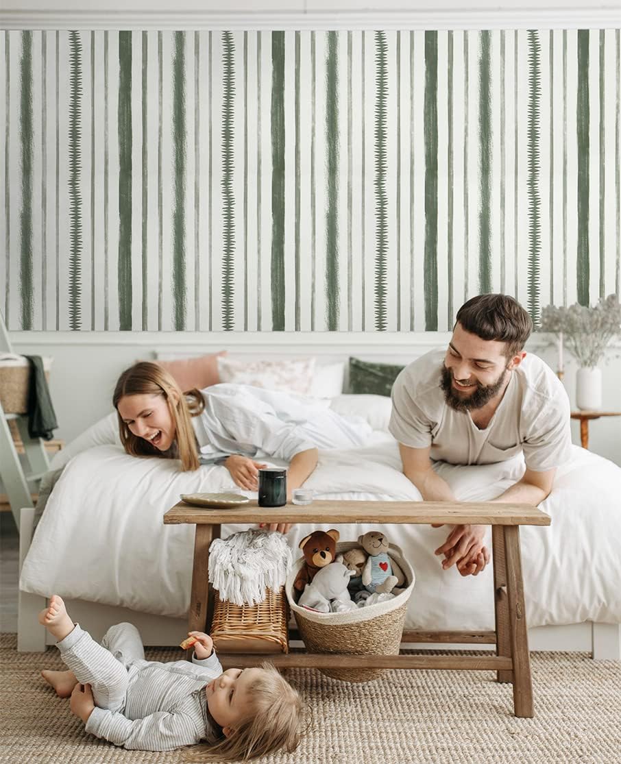 Timeet Peel and Stick Wallpaper Dark Green and White Contact Paper 17.3"×78.7" Line Stripe Removable Self Adhesive Wall Paper for Bedroom Living Room Bathroom Wall Covering Vinyl Roll