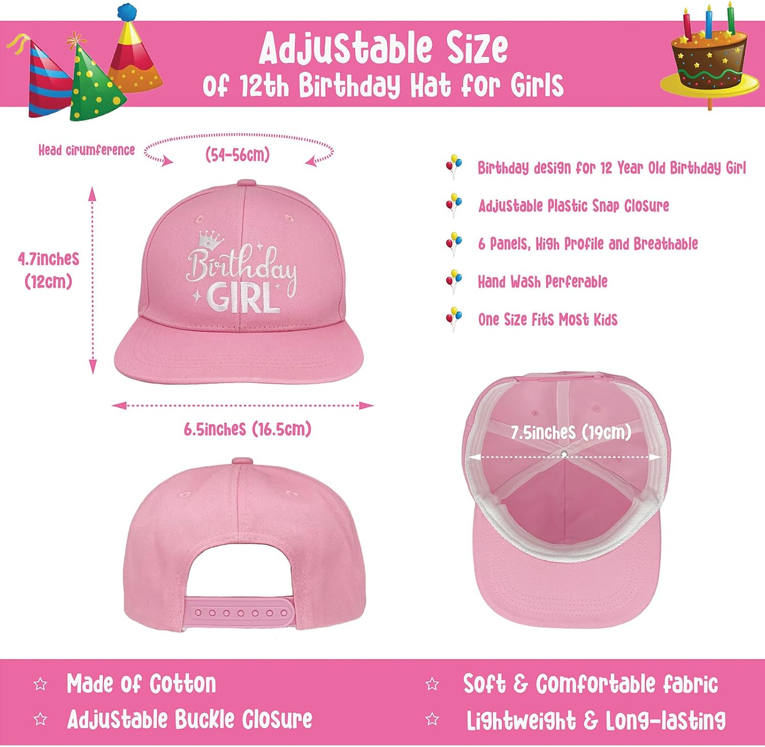 12th Birthday Hat Pink for Girls, 12th Birthday Badge Button Pin for Girls, 12 Year Old Girl Birthday Party Favor, 12th Birthday Girl, 12th Birthday Decorations for Her, 12 Yr Old Birthday Outfit