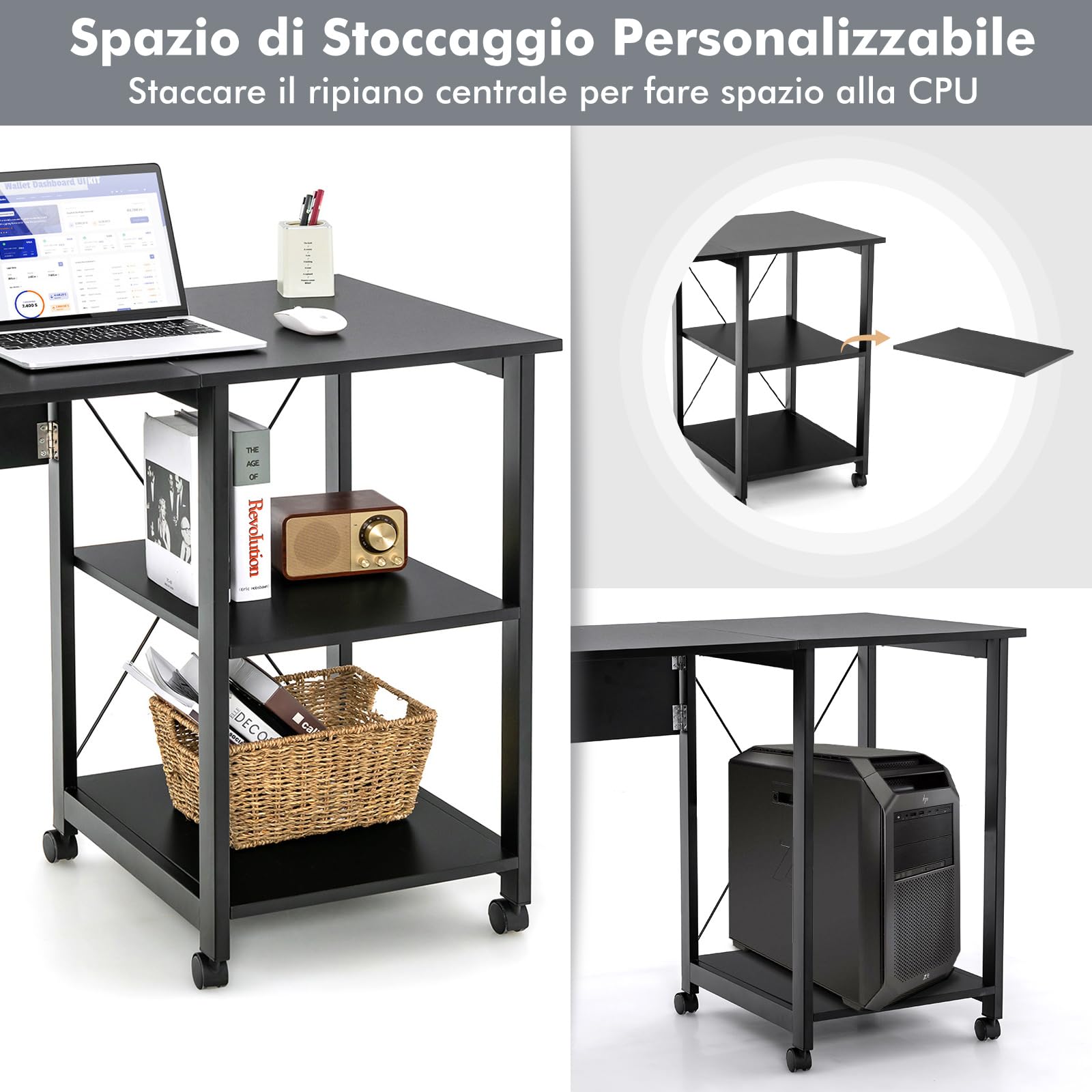 COSTWAY Scrivania Pieghevole per Computer, Scrivania Moderna con 2 Mensole, Postazione di Lavoro per PC con 6 Ruote, Scrivania Compatta Salva Spazio per Casa Ufficio, Marrone (Nero)