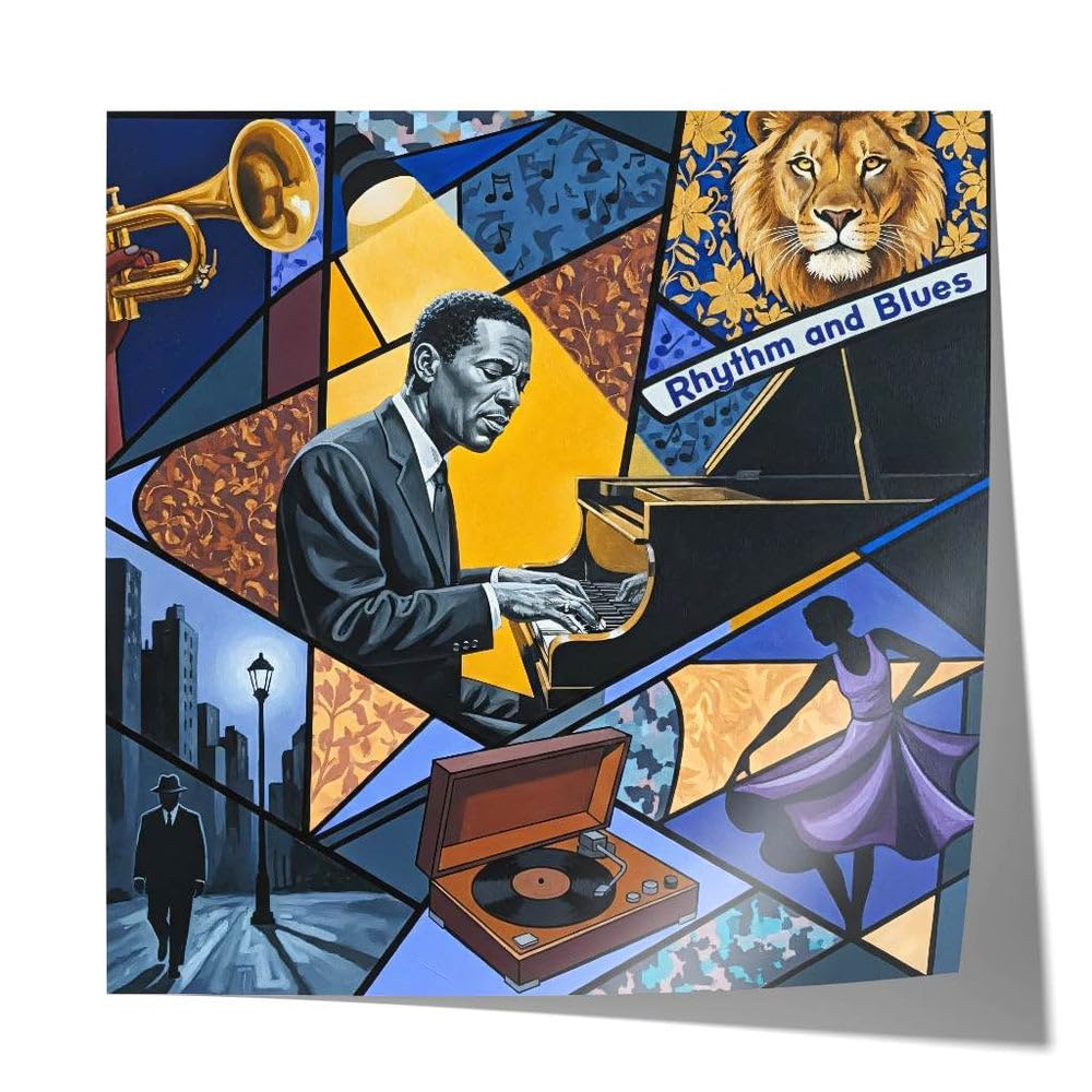 Rhythm and Blues Poster Bild Leinwand, Jazz Piano Wandbild, Zeitgenössische Kunst, Musikzimmer Musik Deko Geschenk, Bar oder Lounge Kunstdruck, Vintage Vinyl Kunst