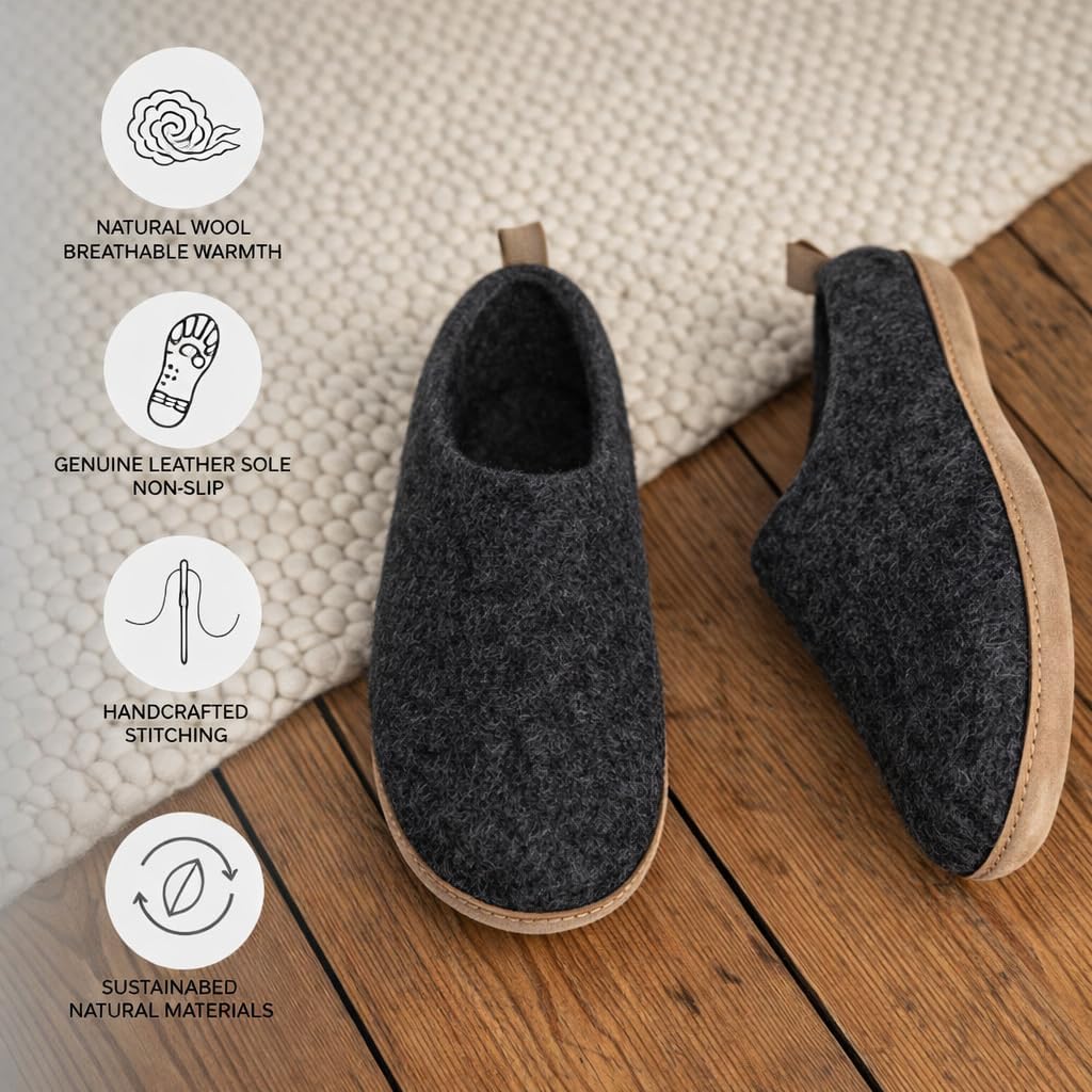 Wool Indoor Slippers - Natural Organic Wool, Genuine Leather Sole, Handmade in Nepal - Cozy, Warm, Soft, Unisex Non-Slip House Shoes for Men & Women - Perfect for Winter Comfort - Image 7