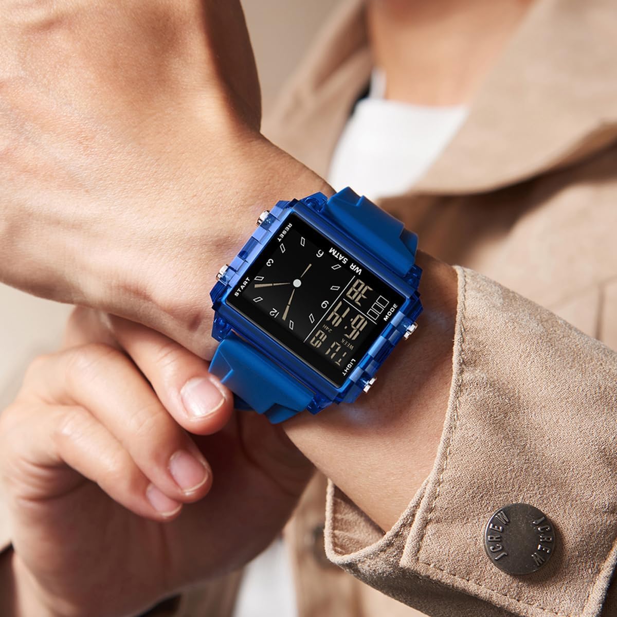 findtime Mens Digital Watch Dual Time Square Watches Waterproof Sport Military Outdoor Unique Cool Big Face Large Rectangle Wrist Watch Alarm Stopwatch Countdown Led Luminous Relojes para Hombres - Image 2