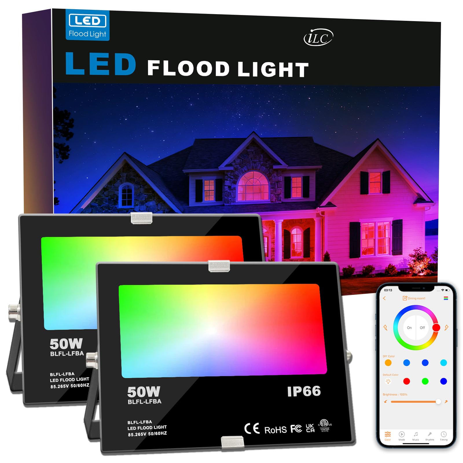 HEKEE Projecteur LED RGB 50W Bluetooth IP66 Etanche Extérieur 2 Unités