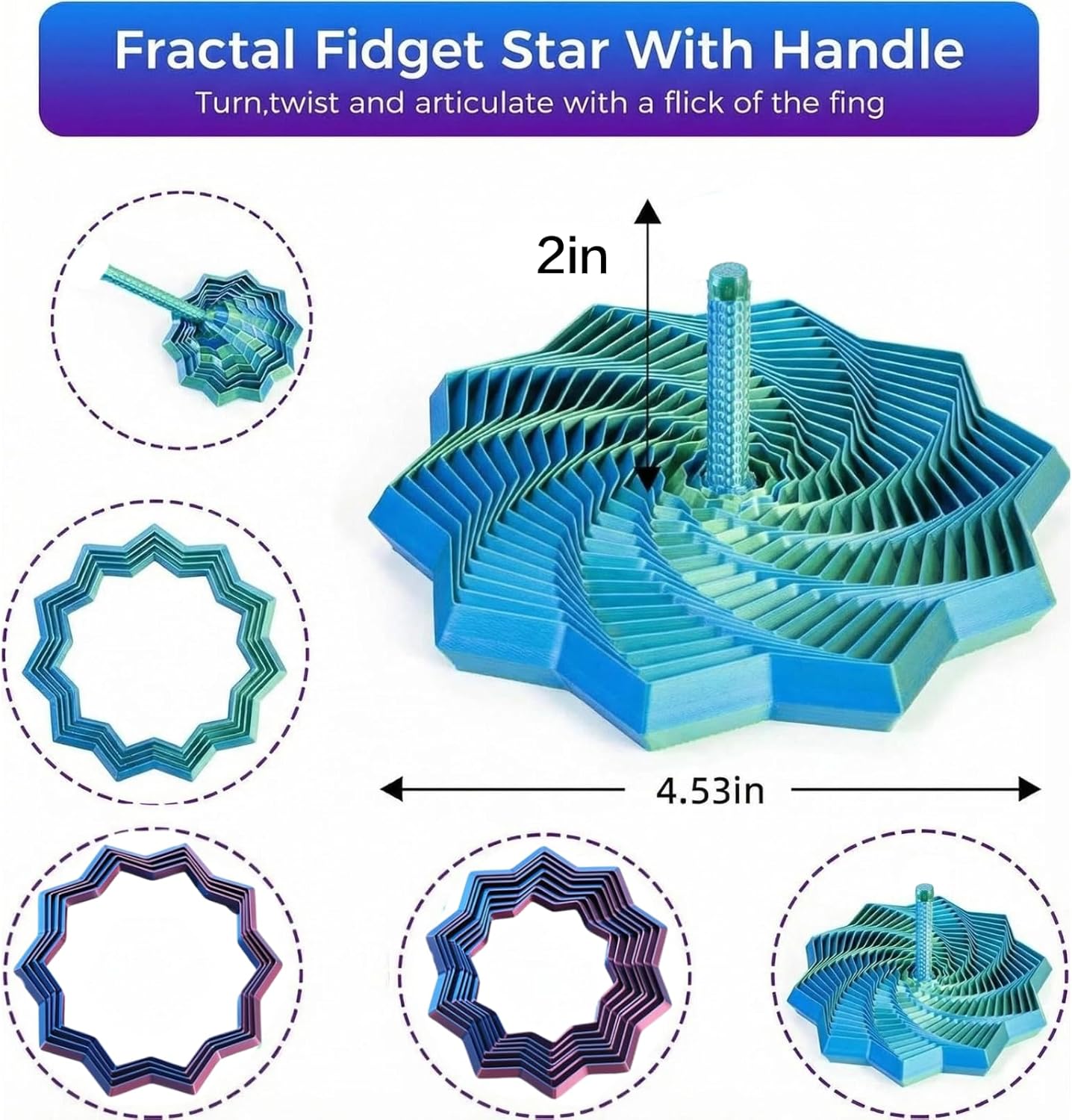 2 PCS Fidget Star 3D Printed Sensory Fidgets for Adults, Expandable Star Spiral with Handles, Colorful Fractal Stress Relief Gadget for Office Desk, Anxiety Relief Gifts for Men Women with ADHD
