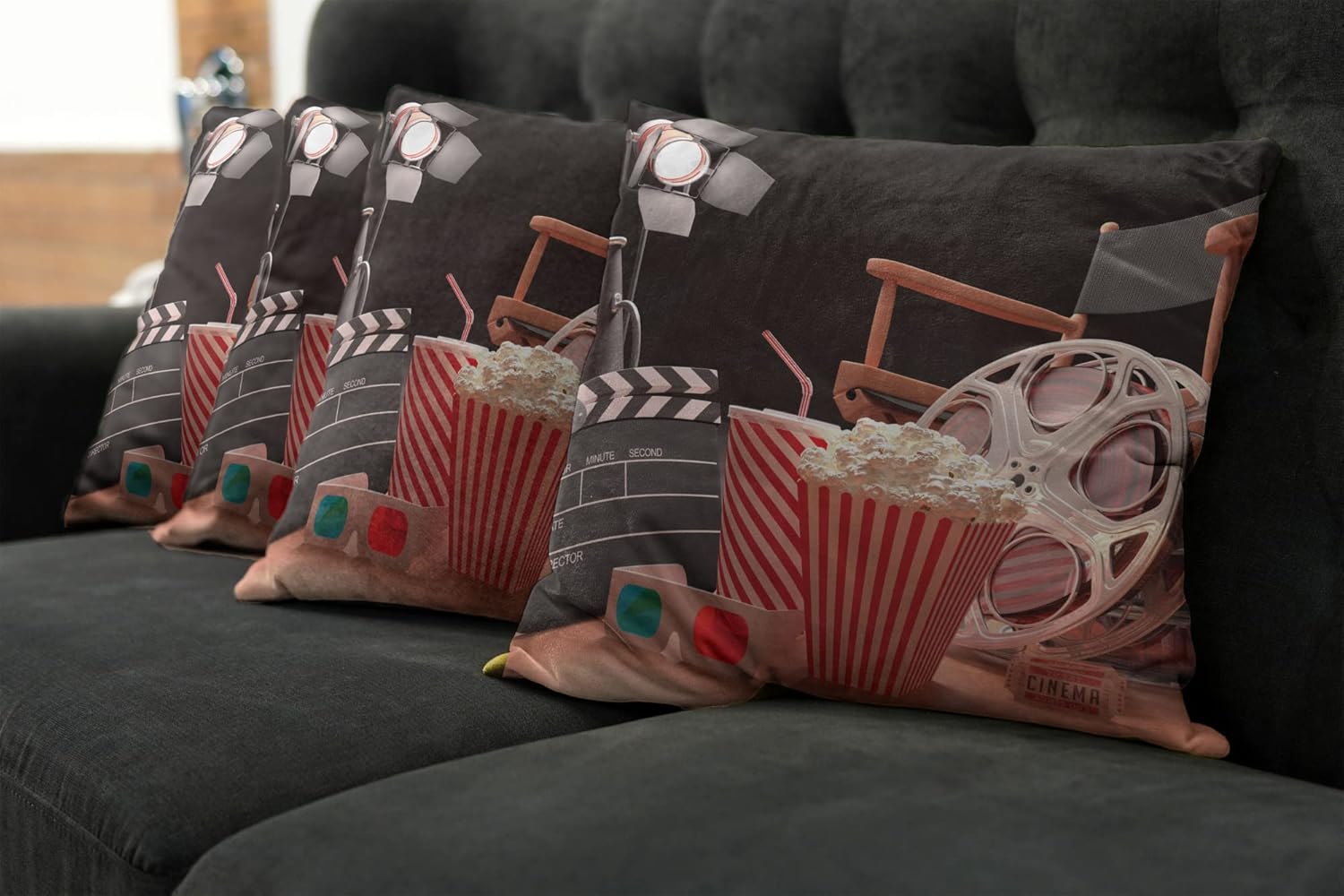 Ambesonne Movie Theater Decorative Throw Pillow Case Pack of 4, Objects of The Film Industry Hollywood Motion Picture Cinematography Concept, Cushion Cover for Couch Living Room Car, 18", Red Black
