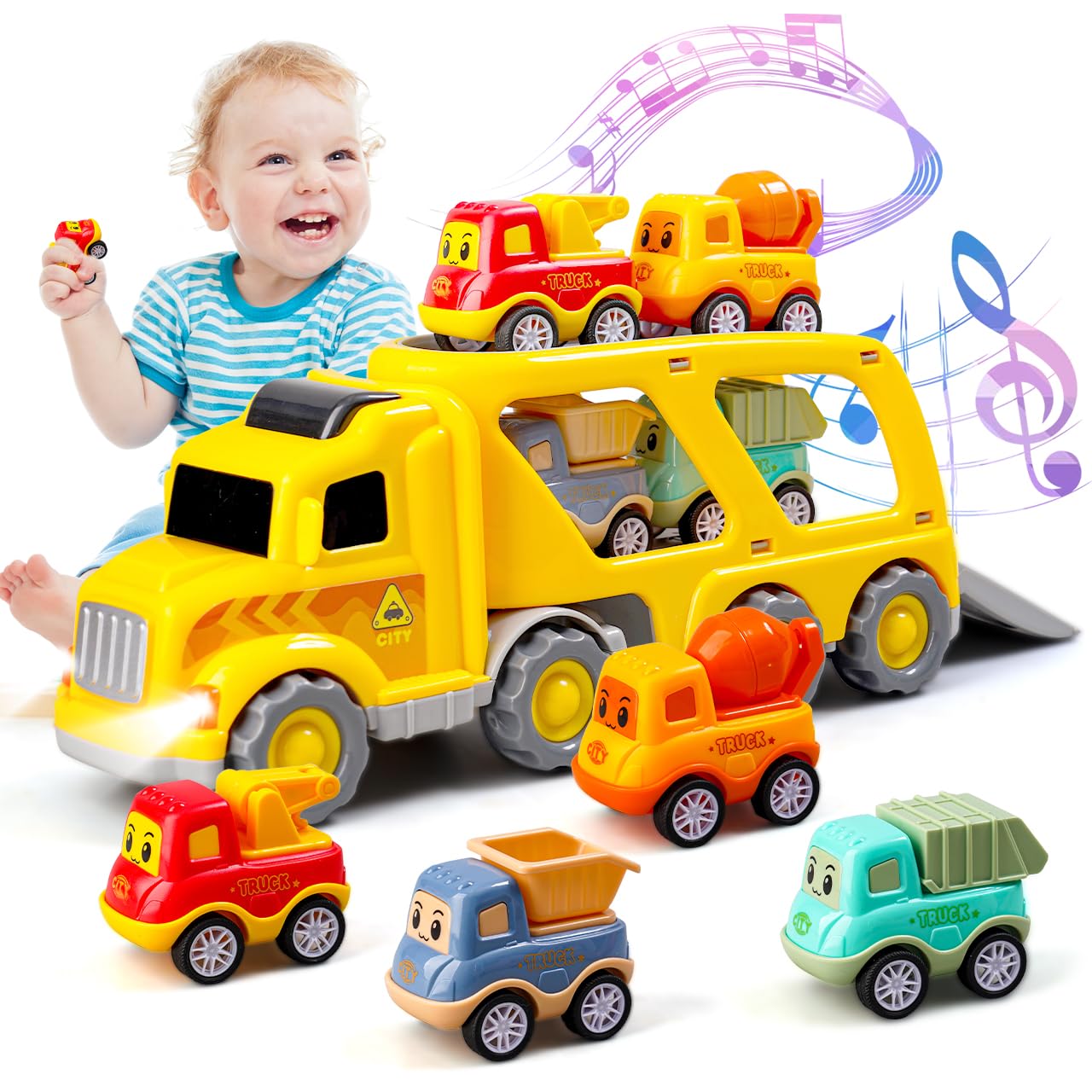 Camion Macchinine 2 3 4 Anni Ragazzi e Ragazze -5 in 1 Giocattolo Trasportatore con Suoni e Luci,Macchinine Giocattolo Regalo per Bambino