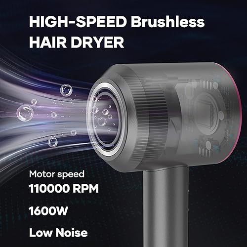 Miniatura 2 de Secador de pelo de secado rápido de 1600 W, secador iónico negativo con motor digital potente sin escobillas de alta velocidad de 110,000 RPM,