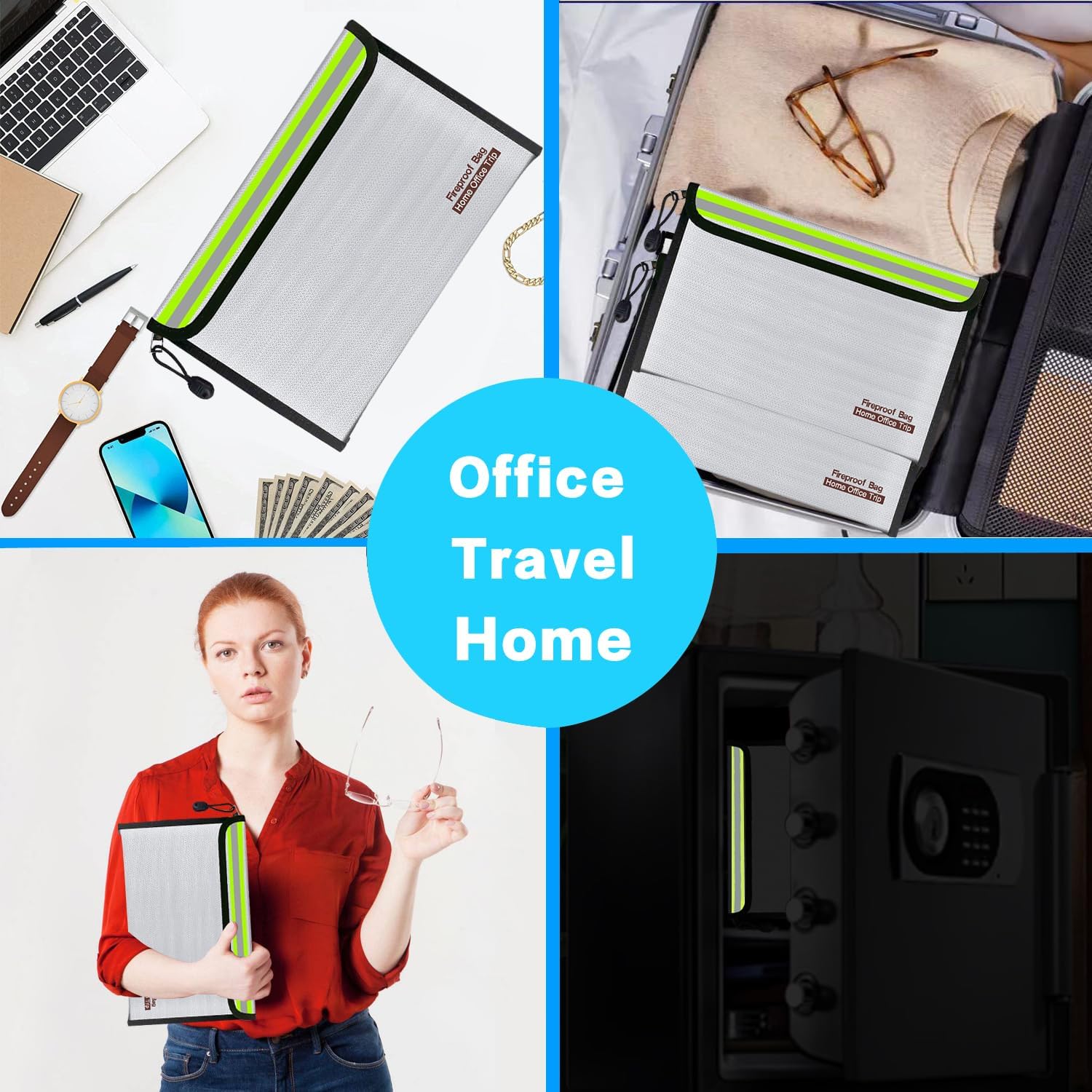 2PCS 28 * 17cm Fireproof Document Bag Home Office Travel Fireproof Safe Storage Pouch with Zipper for Document Cash Money Valuables Jewelry Passport Currency Keys Tablet Power Bank Battery