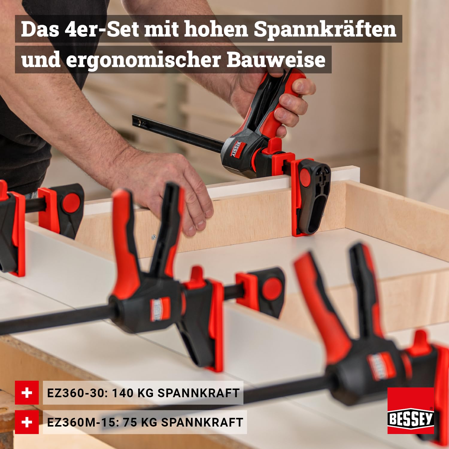 BESSEY Einhandzwingen-SET EZ360M-EZ360-SET, 2x EZ360M-15 und 2x EZ360-30, innovativer 360° Dreh-Mechanismus ermöglicht das Platzieren der Griffeinheit rund um die Schiene