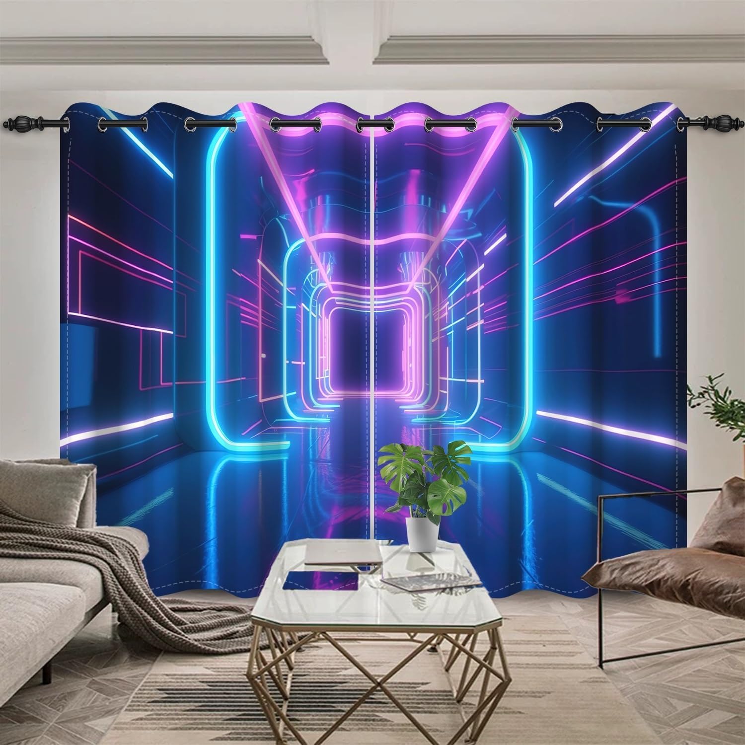 Neon Tunnel Window Curtains Abstract Futuristic Space Neon Lights Stage Blackout Curtain for Vintage 80 90's Living Room Bedroom Decor Window Treatment Curtain 2 Panel, 21x45 Inch