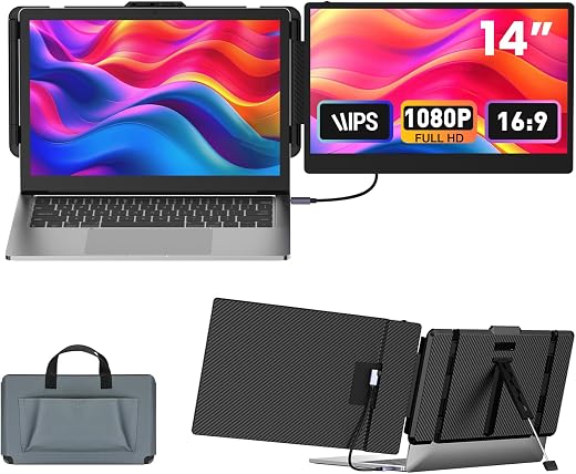 Perfection Laptop Screen Extender 14-inch, 1080P FHD Portable Monitor, Type-C/HDMI/USB-A Plug & Play, Laptop Monitor Extender fits Laptops with Screen up to 15.35″ Wide, Compatible with…