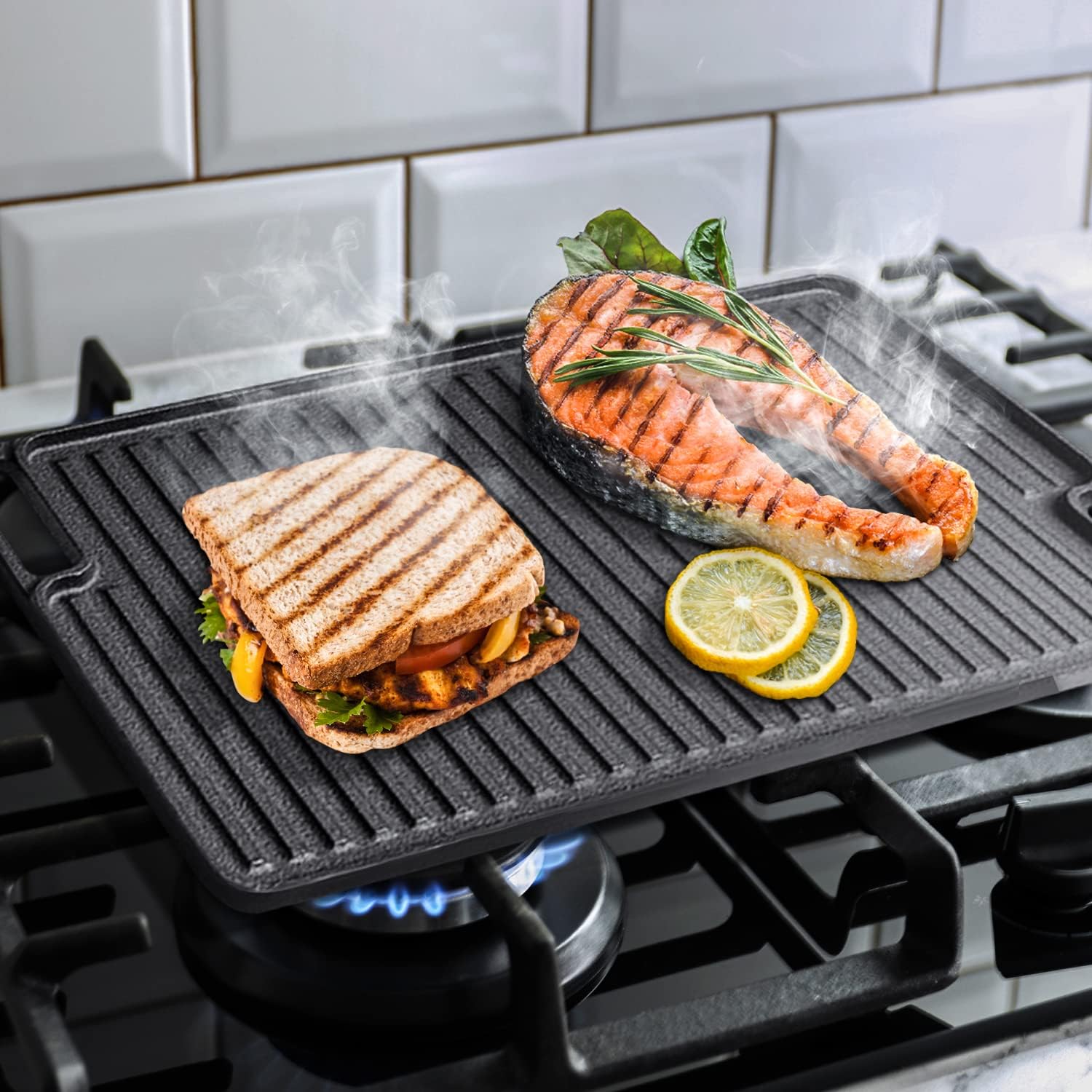 Cast Iron Griddle with Accessories Includes Reversible Cast Iron Griddle/Grill (17" x 9"), Cast Iron Grill Press (4"x 8"), And Two Durable Grill Pan Scrapers (black with griddle ridges)