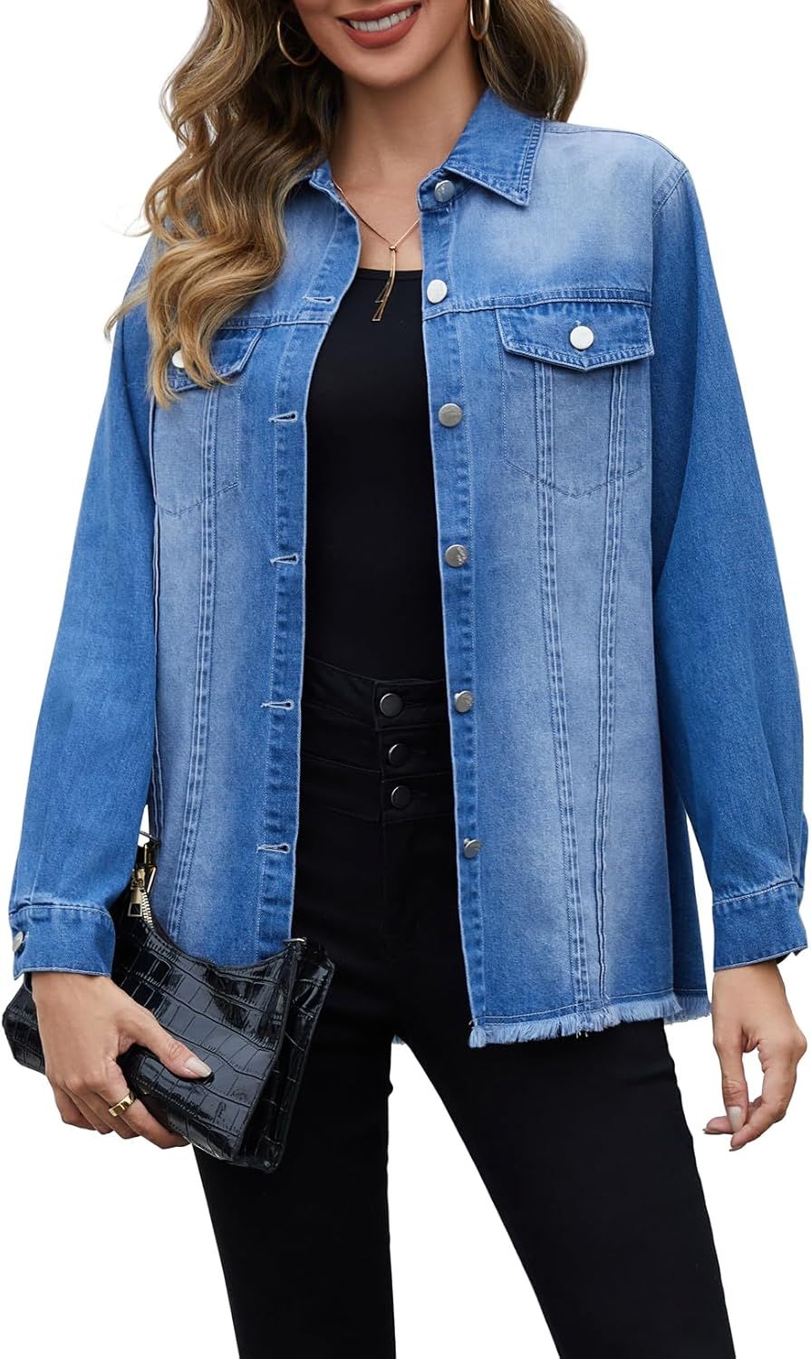 Women's Denim Jacket Long Sleeve Button Down Jean Jackets Frayed Hem Western Shirts with Pockets