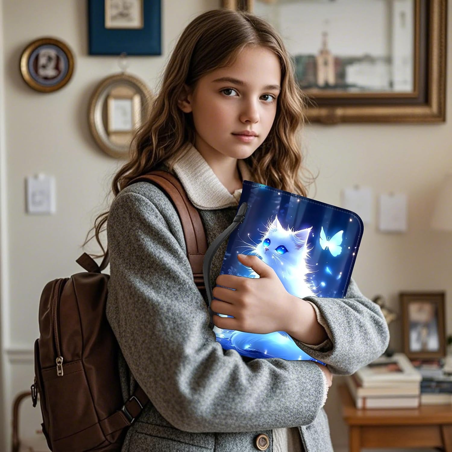 PU Leather Bible Cover with Sturdy Handle, Multiple Storage Spaces Bible Cover Case for Women Man, Durable Girls Bibles Case, White Cat Design Large Bibles Bag