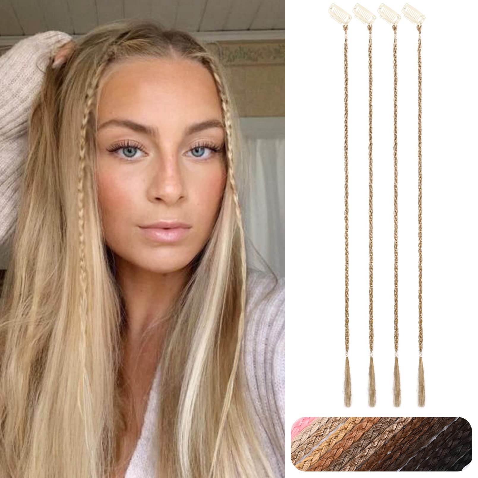 REECHO Clip in Braided Hair Extensions, 4PCS Baby Braids Extensions 22" Long Natural Soft Synthetic Hairpieces for Women - Medium Blonde with Pale Highlights