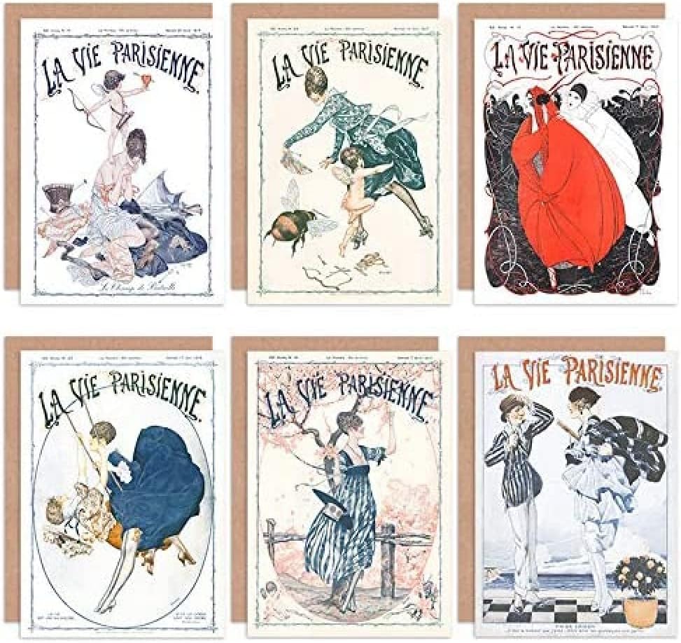 Artery8 La Vie Parisienne French Woman Bird Butterfly Fishing Greeting Cards with Envelopes Pack of 6