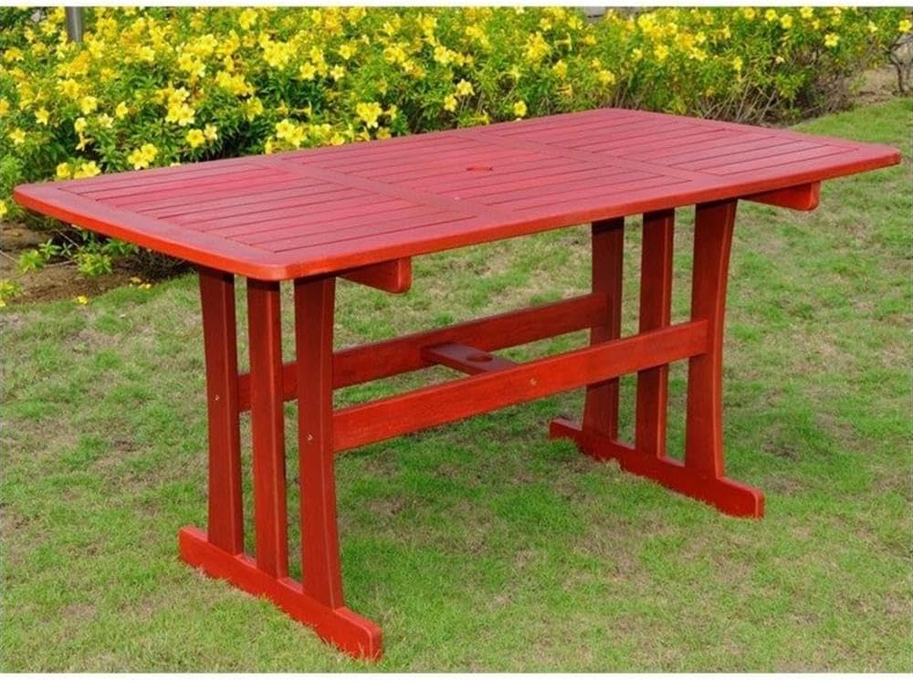 Pemberly Row 59" Patio Dining Table, Acacia Hardwood, Barn Red Painted Outdoor Finish, UV Fade Protection, All Weather Water Resistant, Standard Umbrella Hole, Durable Frame for Patio Dining