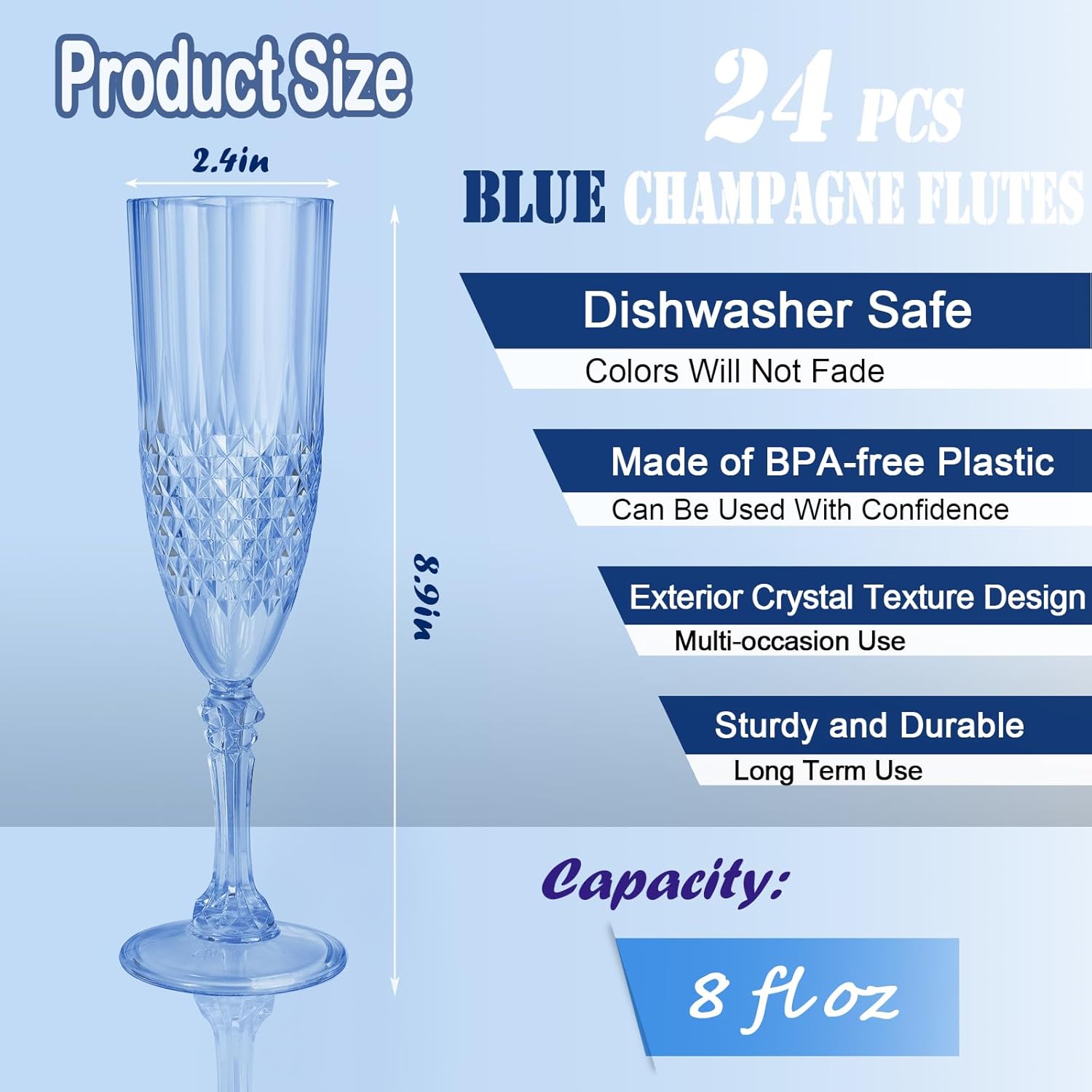 24 Pcs Blue Plastic Champagne Flutes,Blue Champagne Glasses Bulk, Made of Durable Plastic Material Can be Used for Weddings, Everyday Fun Parties and More! - Image 2