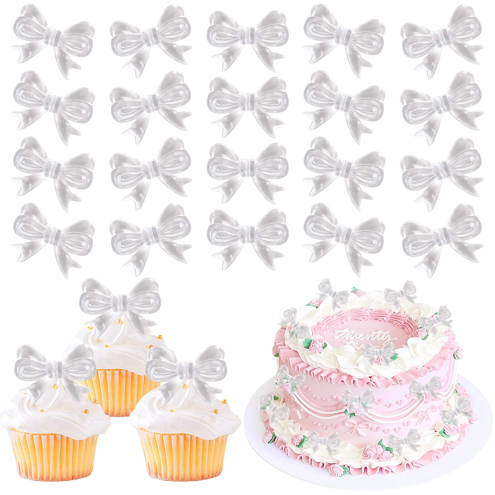 Xsstarmi 30 Pack Bow Cupcake Toppers Bow Themed Party Decorations Bowknot Cupcake Picks for Bridal Baby Shower Girls Birthday Wedding Party Cake Decorations White