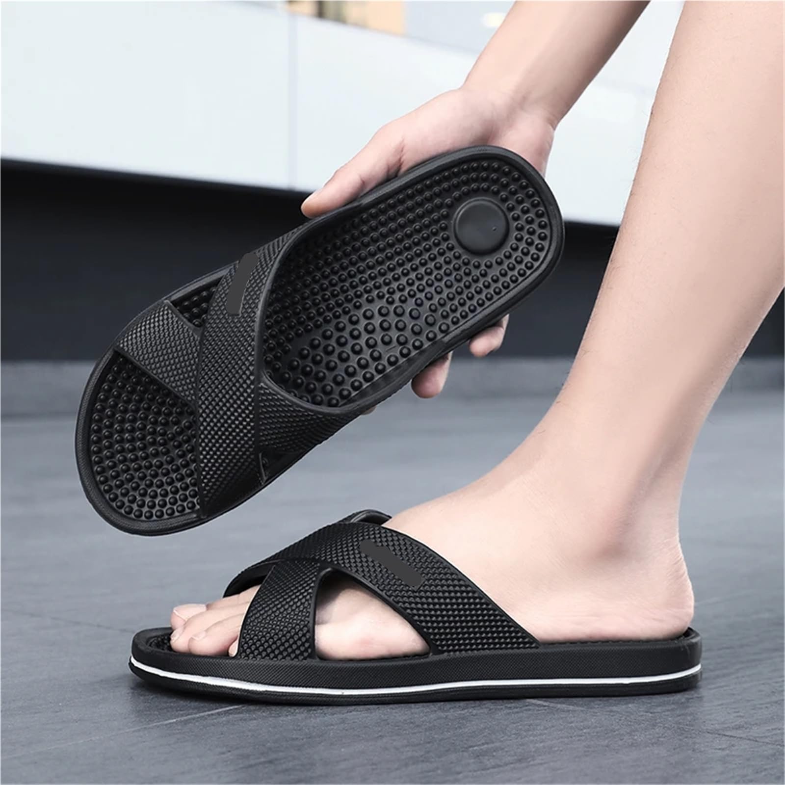 Männer Massage Hausschuhe Atmungsaktive Haus Badezimmer Schlafzimmer Flip-Flops Strand Plus Größe(Black,47-48)