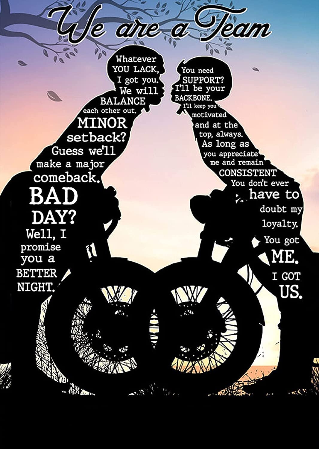 Kissing Motorcycle Couple Metal Tin Sign Retro We‘re A Team Poster Vintage Wall Decor Bathroom Restaurant Farm Bedroom Cafe School 12x16 Inch