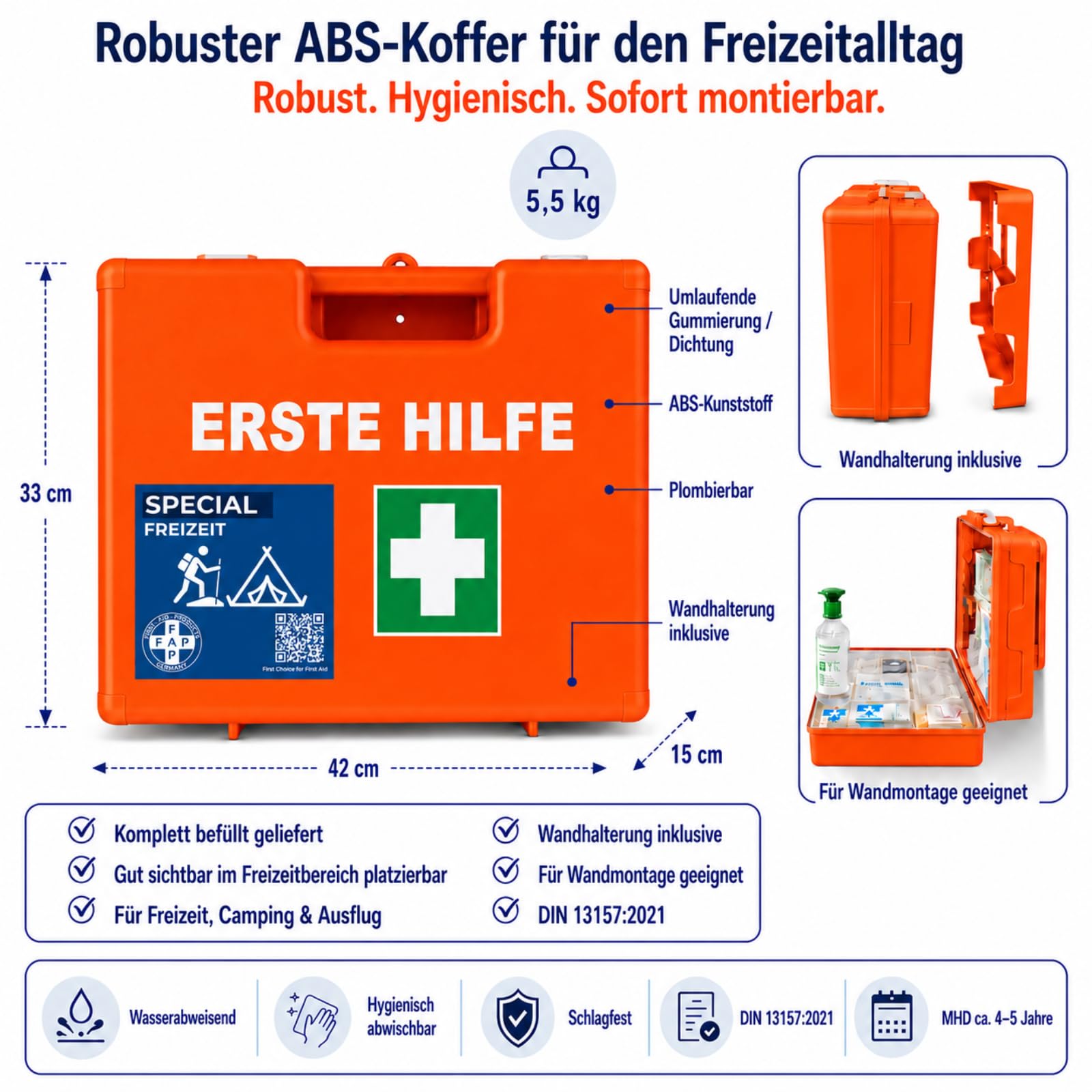 FAP Erste-Hilfe-Koffer Freizeit DIN 13157 gefüllt - orange | Burngel & Kühlspray| Wandern Jugendherberge Pfadfinder Ferienlager Verein Outdoor Camp, Betriebsverbandkasten Wandhalterung -33×42×15 cm