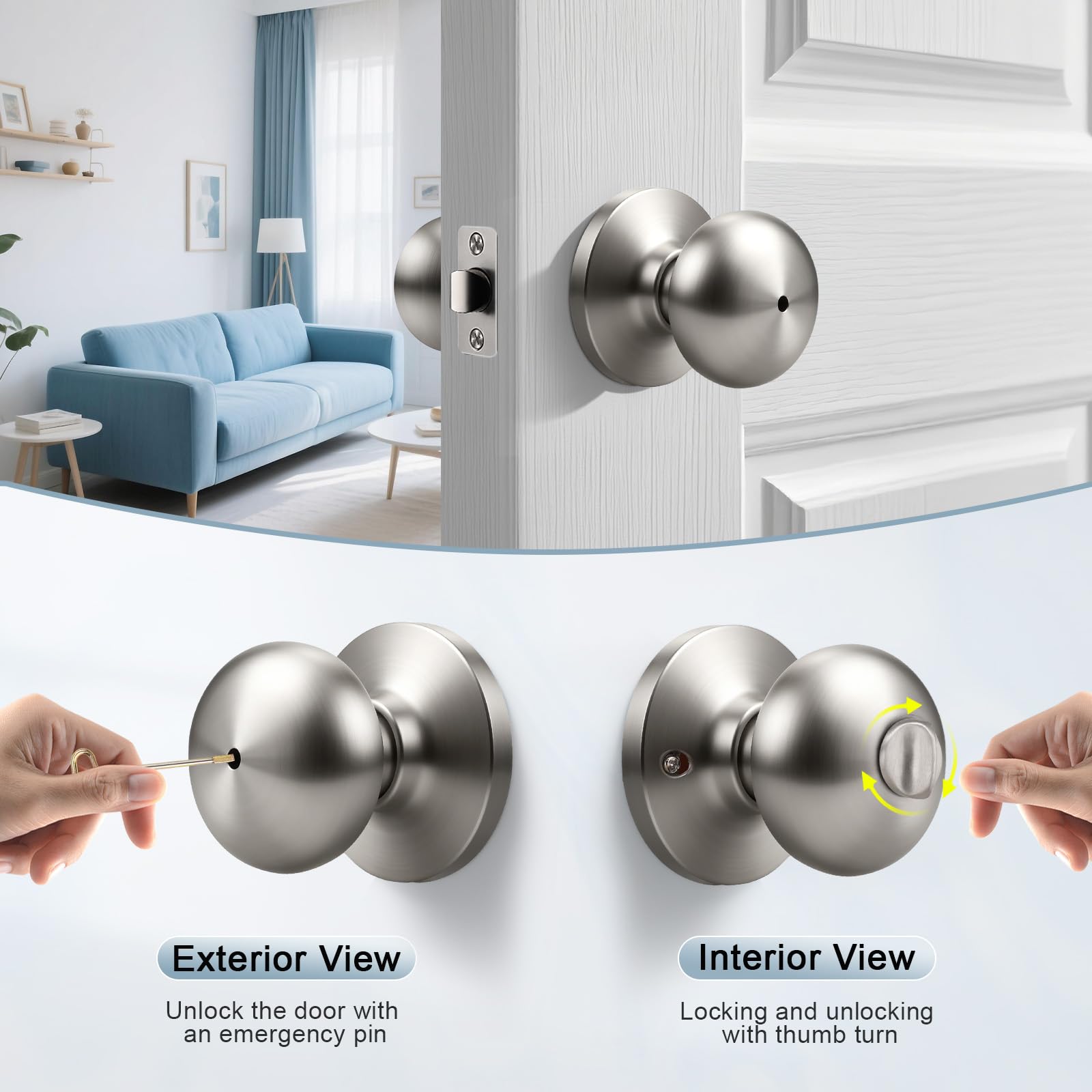 Brushed Nickel Door Knobs - Keyless Privacy -3