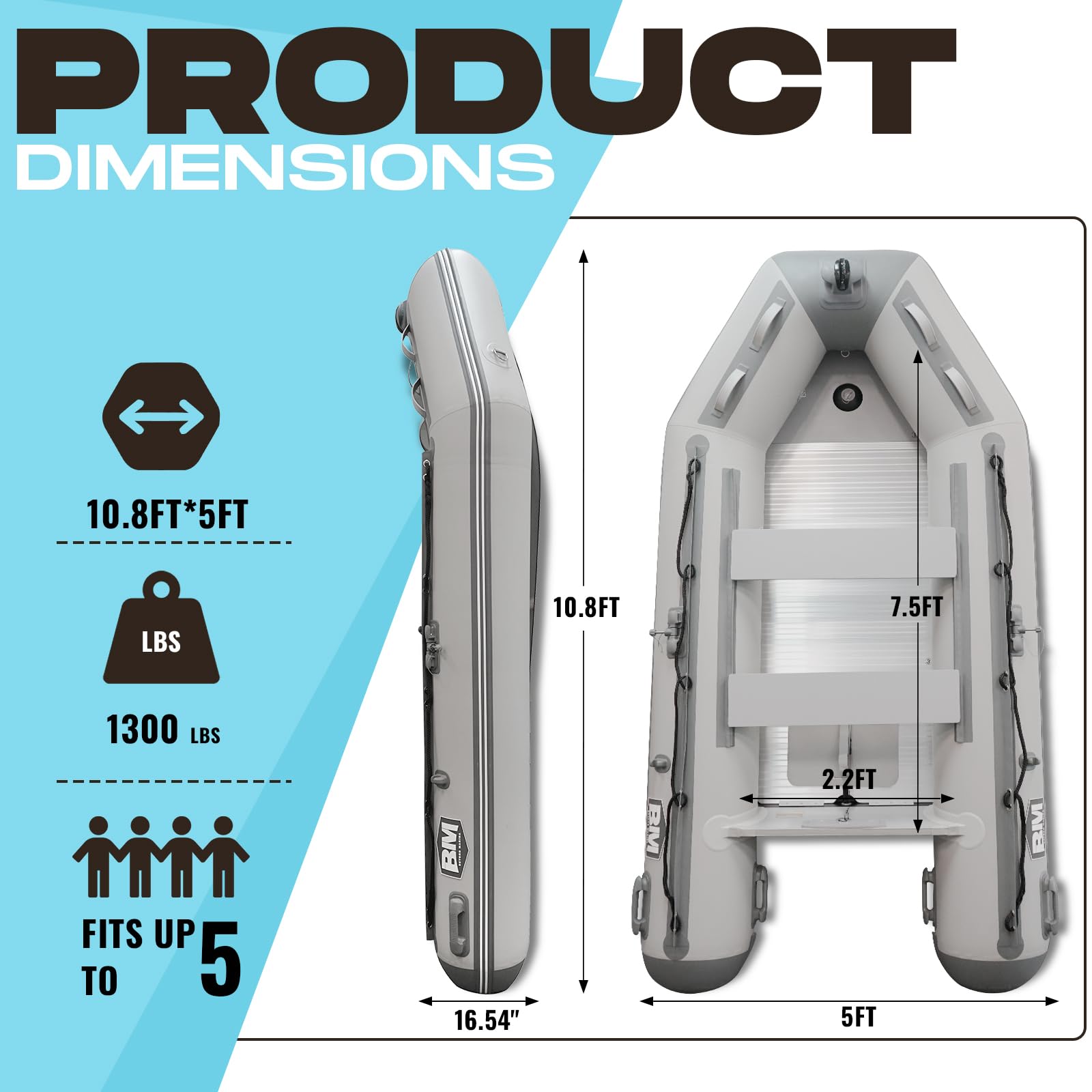 BEYOND MARINA 10.8ft Inflatable Dinghy - 5 Person Inflatable Boat for Adults 15 HP Heavy Duty Fishing Boat, Aluminum Floor, Aluminum Oars, USCG Approved