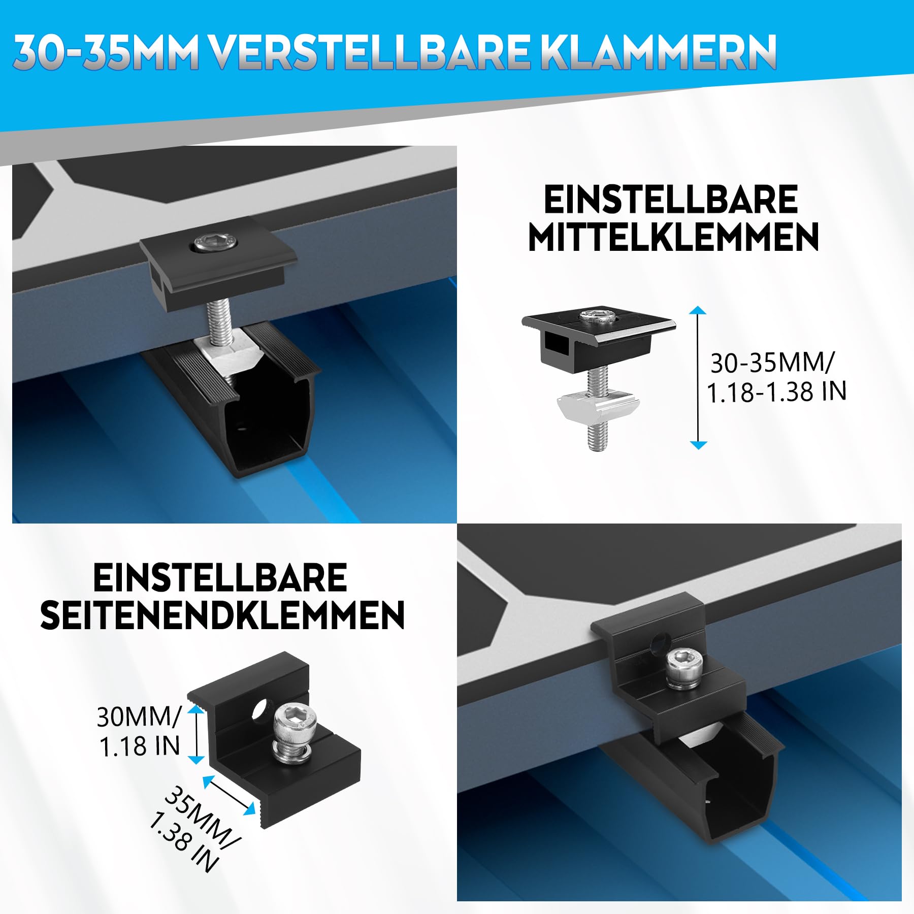 Solarmodul Halterung Montageset, PV Halterung für 4X Module, 12CM Schwarze Schiene+Solarpanel Wasserablauf Clips 30MM+Verstellbare Klemme für 30-35MM Dicke Module für Flachdach Trapezblech