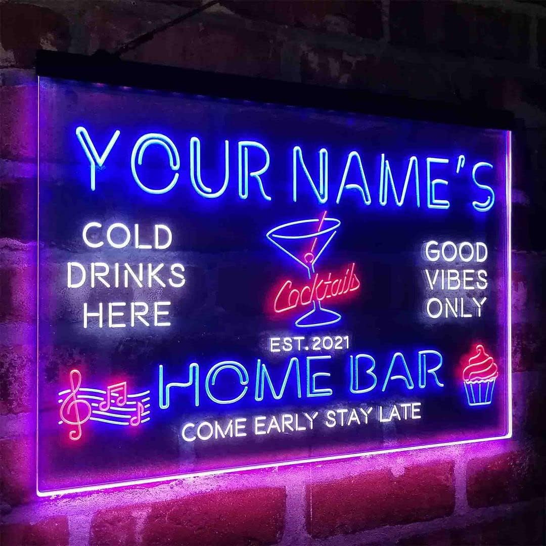 Personalized Cocktail Glass Home Bar Tri-Color LED Neon Light Sign Customize Name Date Text Quote Font White & Red & Blue 17.7 x 13.6 Inches st9s43-p6-tm-wrb