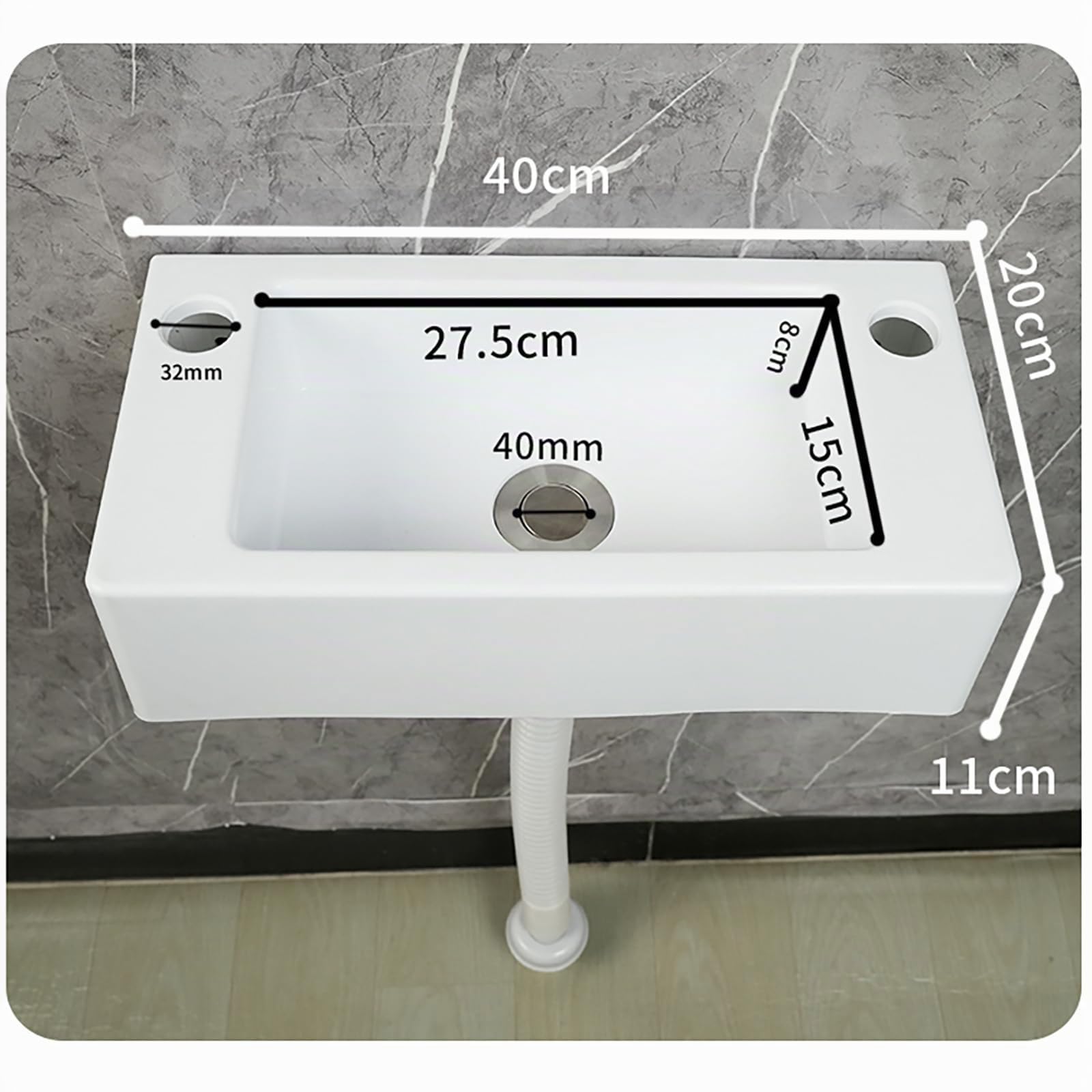 Lavabo da Bagno, 40x20x11cm/15.7x7.9x4.3inch Mini Lavabo in Resina | Lavabo da Parete Rettangolare per Bagno Guardaroba WC Bianco 75cm Conduttura Fognaria