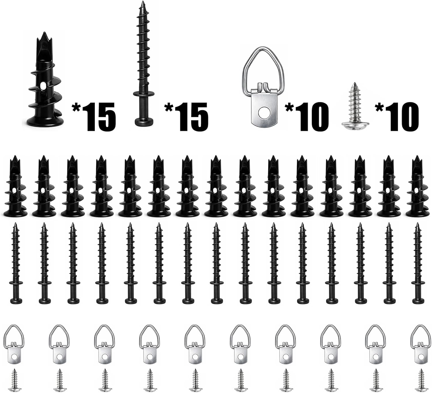 Self-Drilling Black Drywall Anchor and Double-Headed Screws Kit - Bear Claw Wall Picture Hangers with Anchors for D-Rings, 4-in-1 Hanging Hooks for Sawtooth, Wire, Keyholes Hanging (15 Pack)