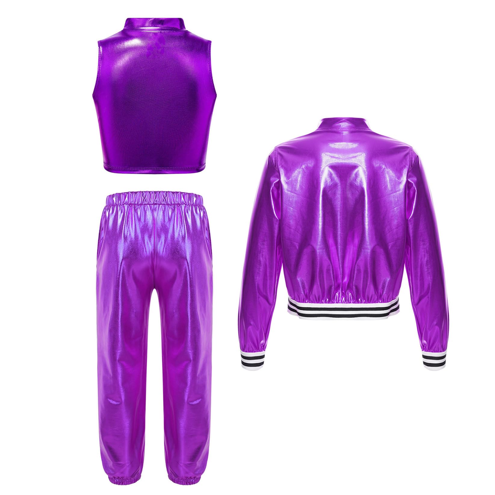TTAO Dziewczęcy metaliczny dres do joggingu, dres sportowy, błyszcząca, kurtka, spodnie, zestaw lat 80., 90., dres treningowy, hip hop, jazz, taniec, strój