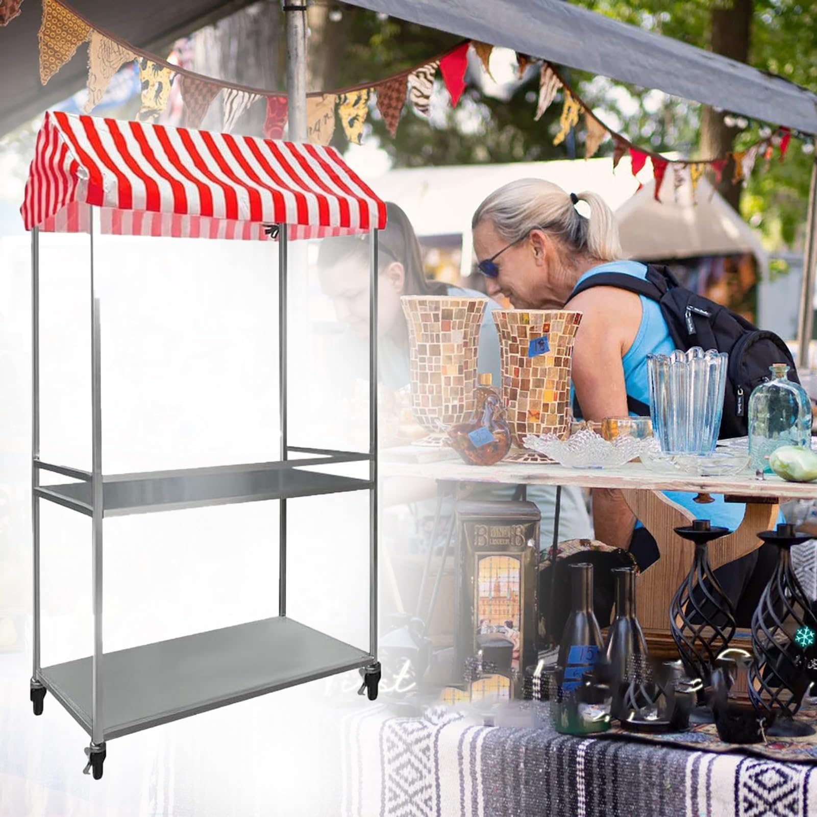 Carrello mobile per alimenti con ruote, chiosco in metallo con display a 2 livelli per il mercato degli agricoltori, carrello per snack rosso lungo 120 cm / 47.25in, perfetto per eventi all'aperto
