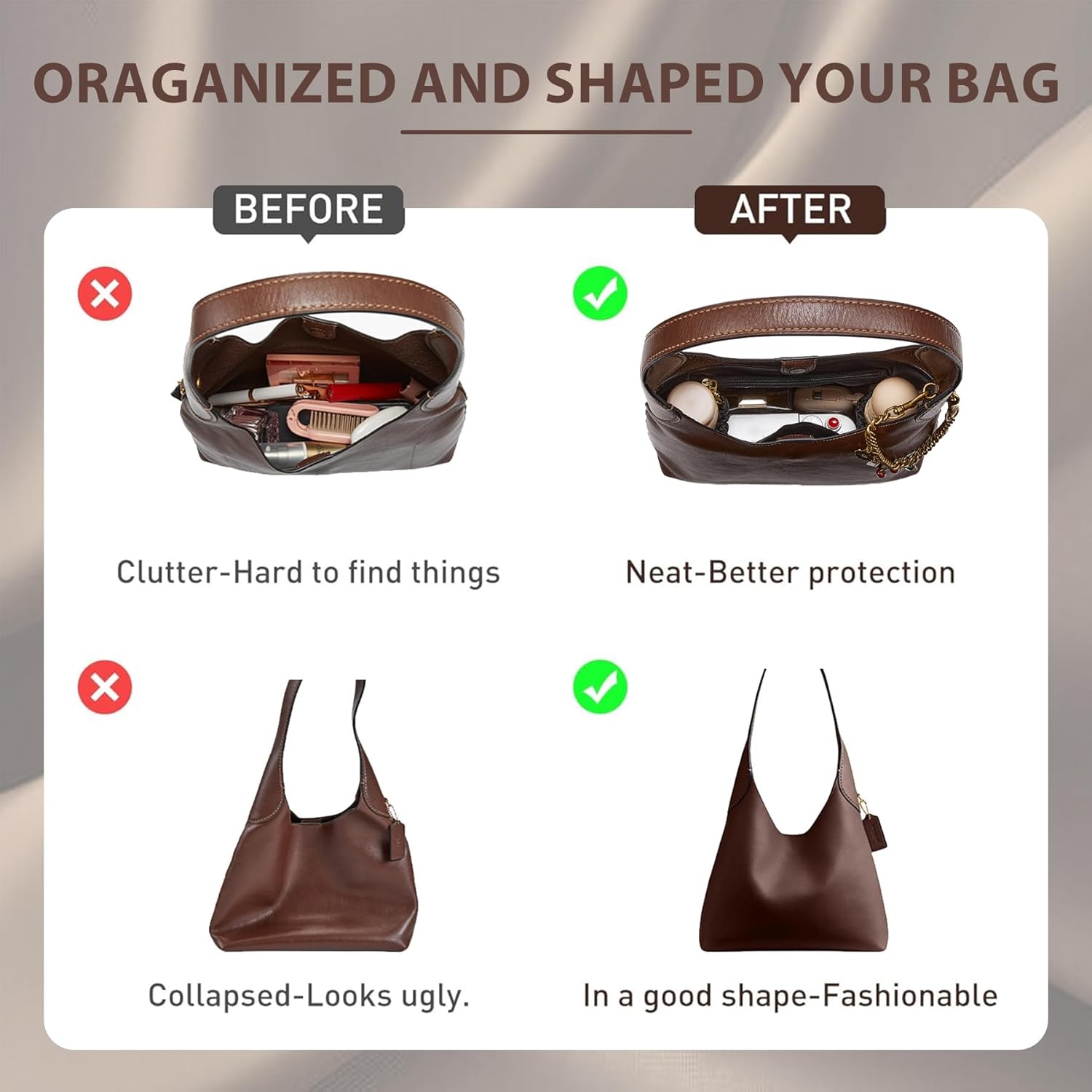 Doxo Brooklyn 28 Bag Organizer Insert, Waterproof Purse Organizer Insert for Coach Brooklyn Shoulder Bag 28, Lightweight Tote Bag Insert with 5 Compartments Zipper Pocket Elastic Holders (Black Maple)