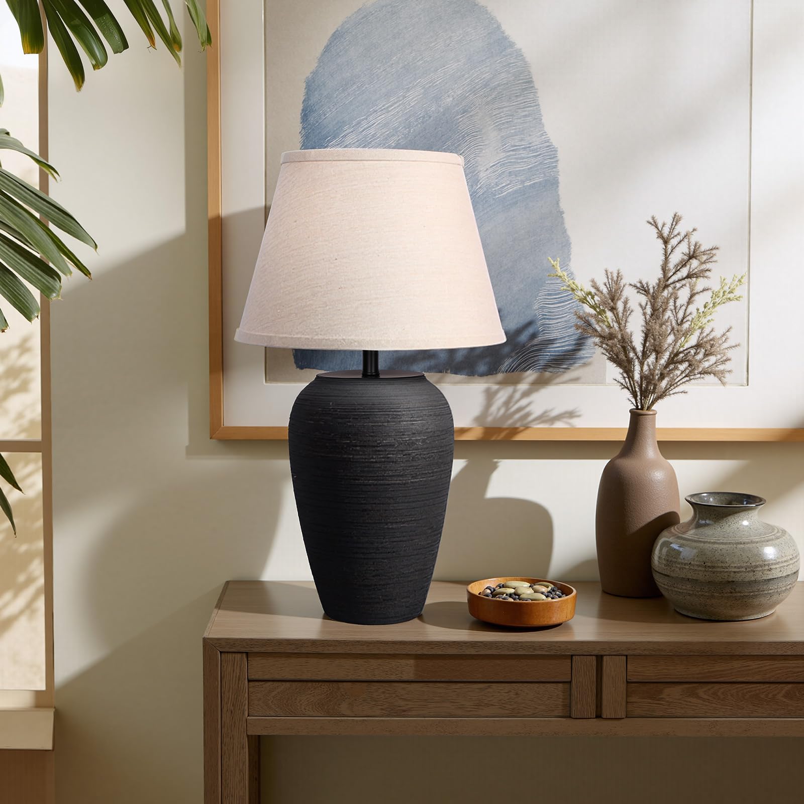 Photo 1 of YEPDIN Ceramic Pot Table Lamp 21.25 inch Tall Striped Nightstand Lamp, Tapered Fabric Shade Bedside, Ceramic Decorative for Living Room Bedroom House Office Entryway, TL2