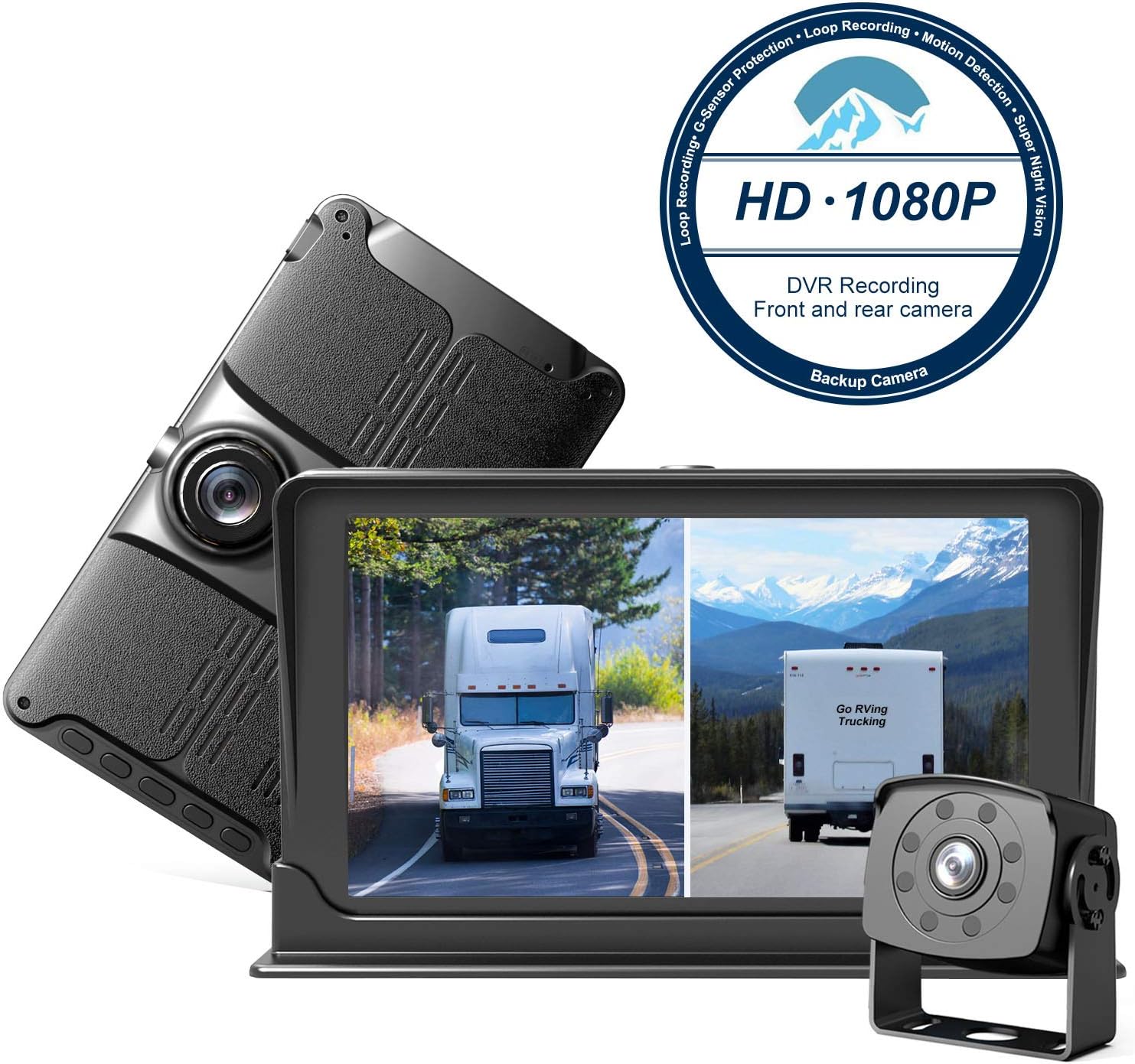 HD Backup & Front Camera with 7'' Monitor,Dash Camera Front and Rear View Cam DVR with 1080P,Advanced Recording Function,IP69 Waterproof,Night Vision for RV/Pickup/Truck/Trailer/Bus