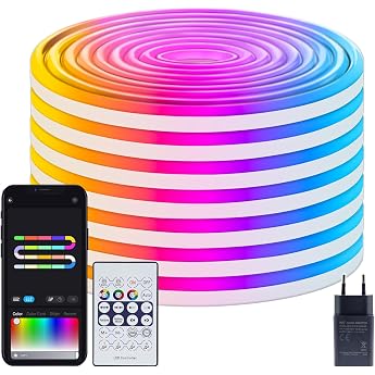ZAIYW 10 m Neon LED Strip RGB & IC with App/Remote Control for Bedroom Decoration 5 V Neon LED Strip Music Sync Flexible LED Light Strip IP65 Waterproof for Wall Gaming Decoration [Energy Class C]