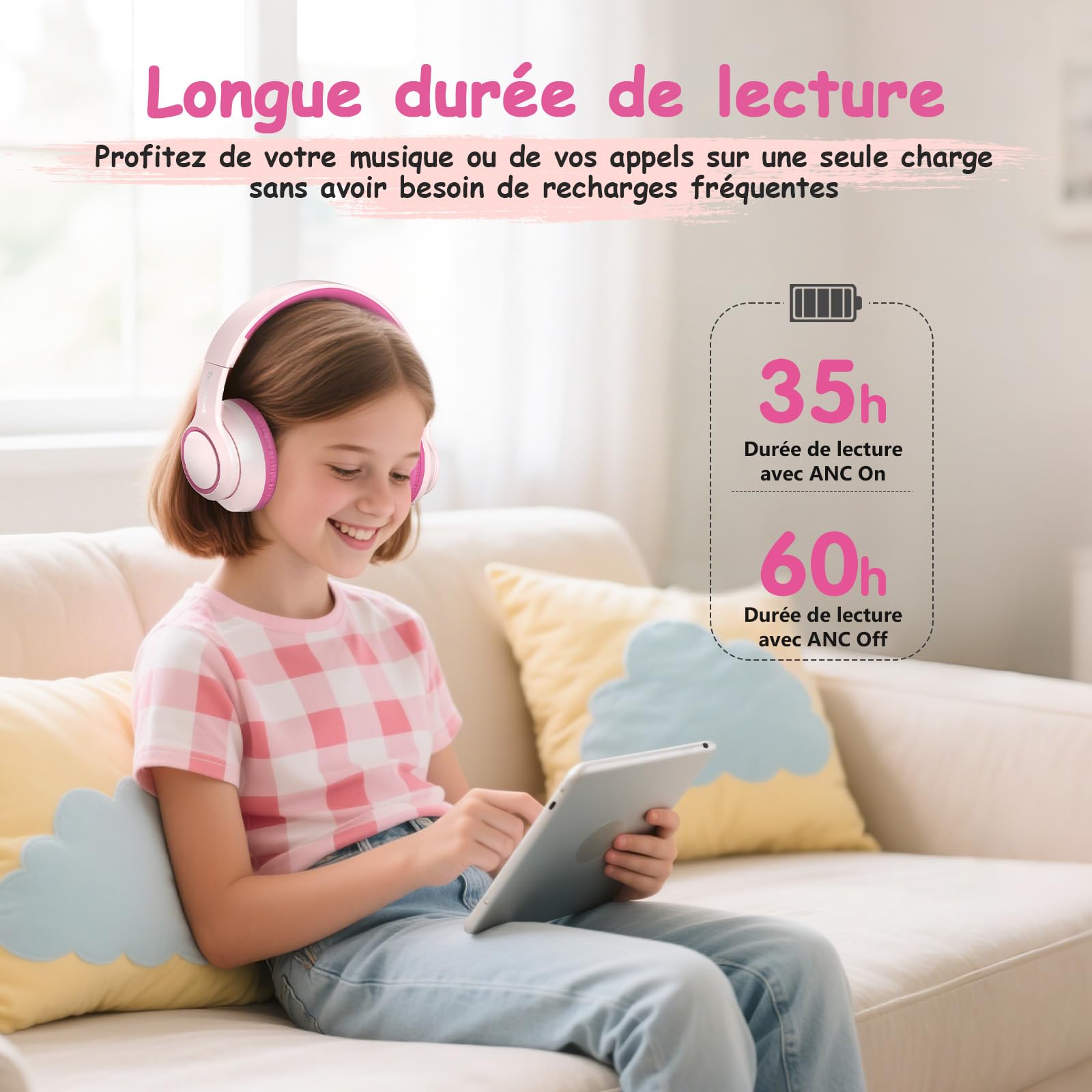 TONOSHARK Casque Bluetooth sans Fil Enfant, Casque Anti-Bruit Enfant Audio, 60h Autonomie, Micro Intégré, Over-Ear Bluetooth Headphones, pour école/Maison/Voyage – étui Inclus (Rose)