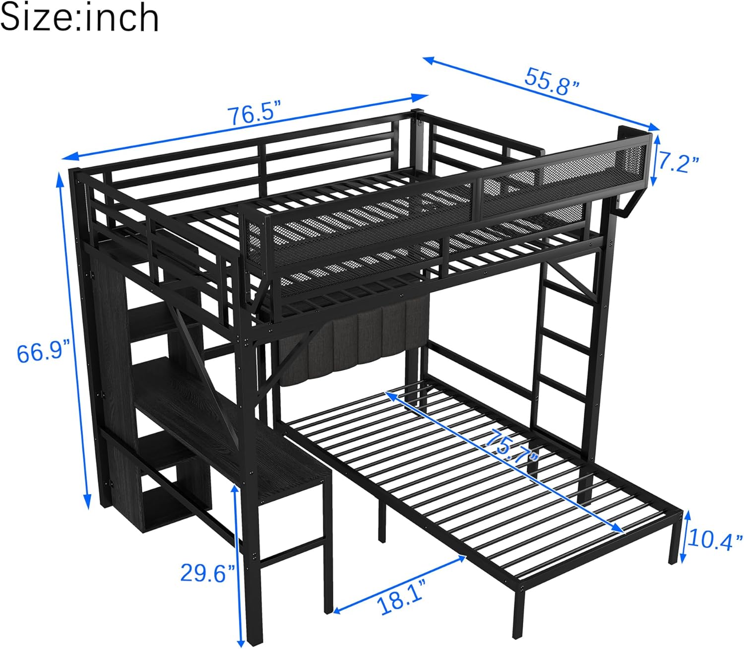 Detailed dimensions diagram for the SOFTSEA Full Over Twin Bunk Bed