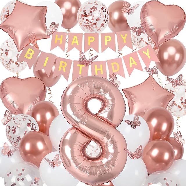 8th Birthday Decorations for Girls, Rose Gold 40 Inch Age 8 Foil Birthday Balloons with Happy Birthday Banner and Butterfly Stickers, for Baby Shower, Girls Women Birthday Party
