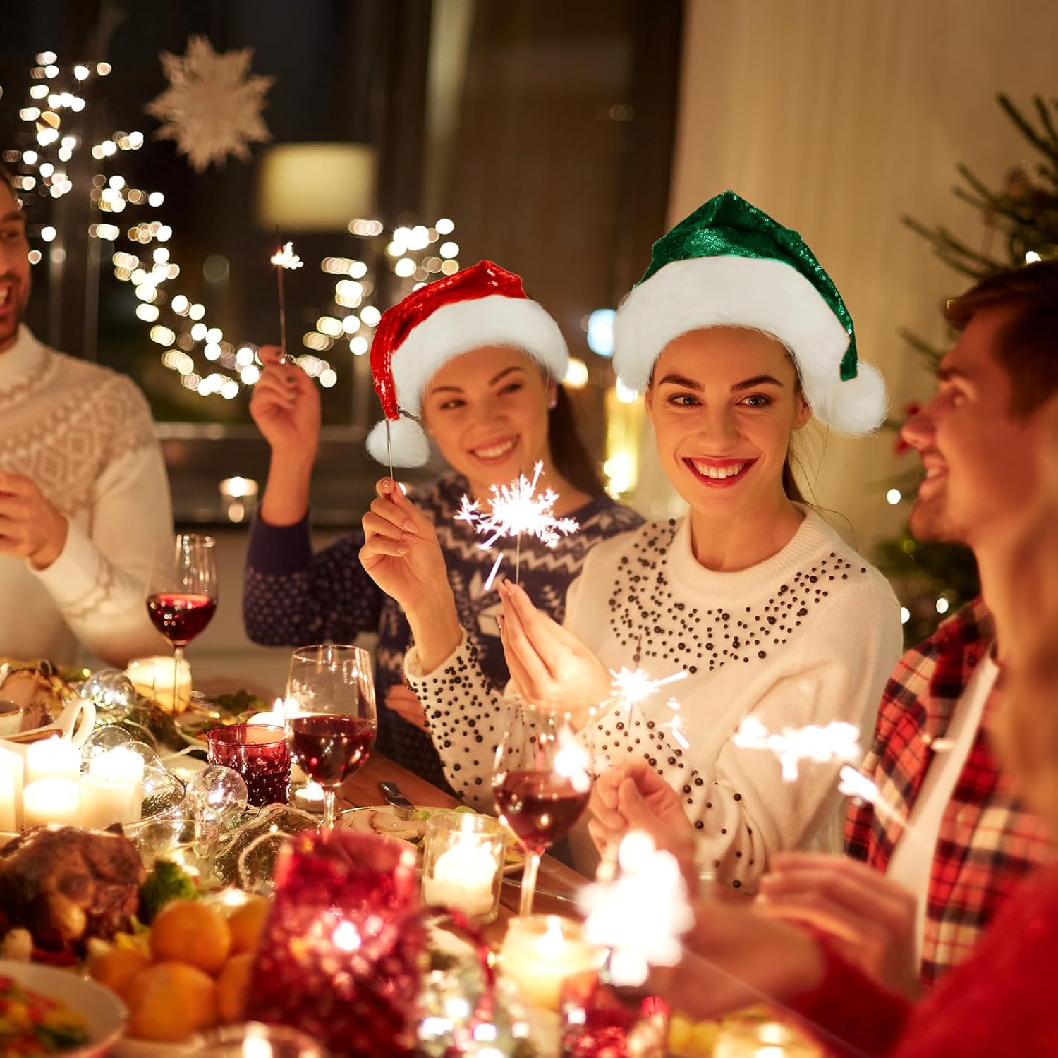 SATINIOR Adult Santa Hat Unisex Christmas Hat Santa Claus Cap Christmas Cap with Lining and Plush Brim for Xmas Women Men