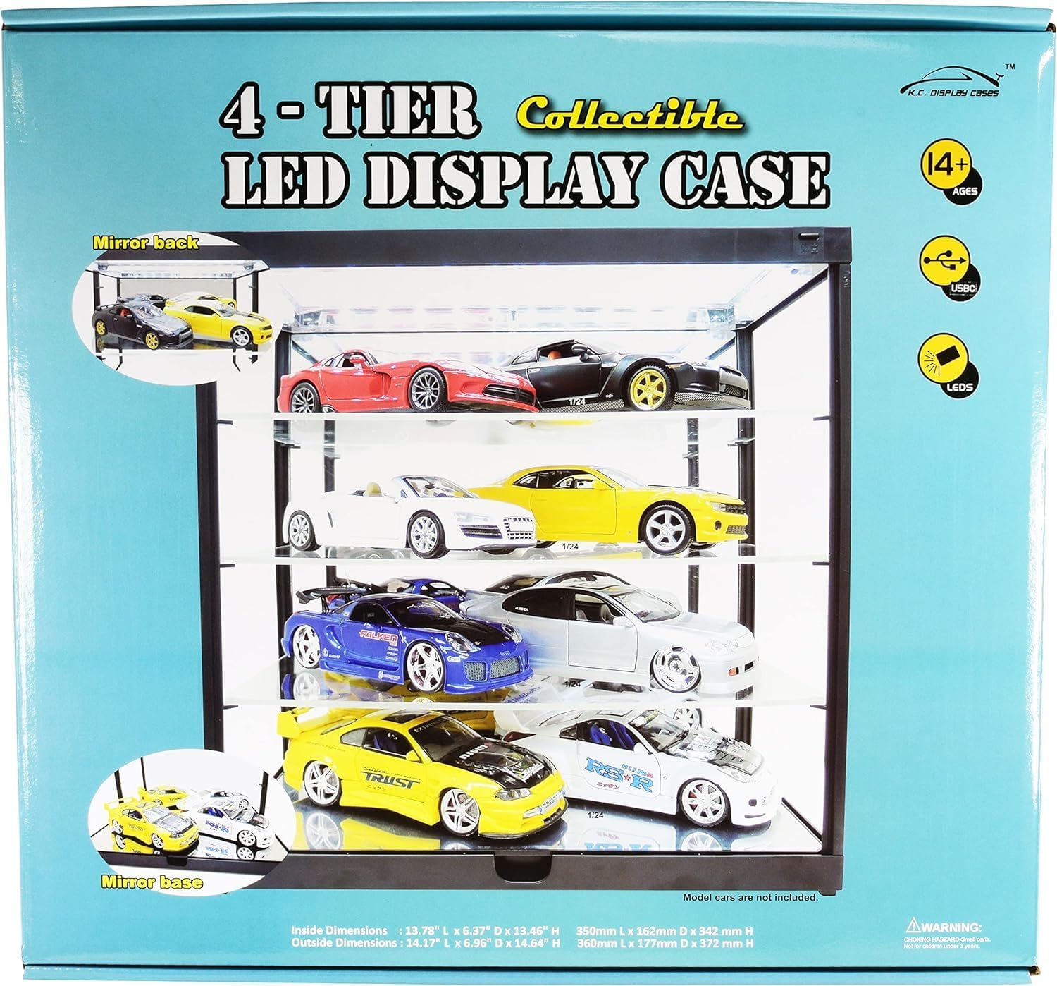 Collectible 4-Layer Display Showcase with USB Powered LED Lights Black for 1/18 1/24 1/32 1/43 1/64 Scale Models