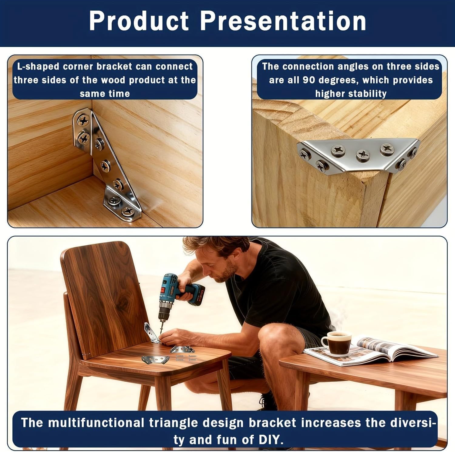 8-Pack Furniture Corner Brackets, Stainless Steel L Brackets with Screws, Heavy Duty Angle Braces for Shelves, Tables, Cabinets, Drawers and Wood Connections