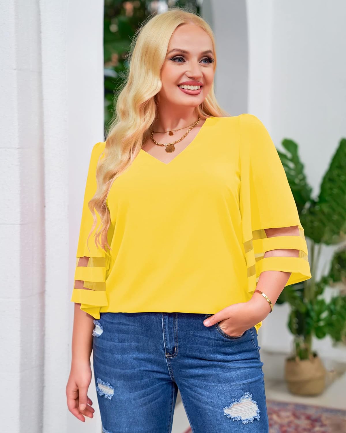 LookbookStore Women's V Neck Mesh Panel Blouse 3/4 Bell Sleeve Loose Top Shirt - Image 9