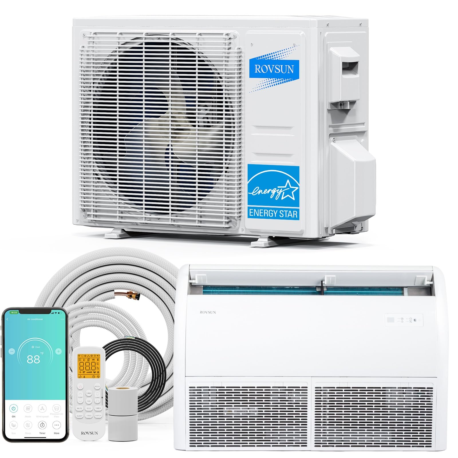 Sistema de calefacción minisplit ROVSUN de 18000 BTU con WIFI inteligente, control por aplicación Inverter, aire acondicionado sin ductos de 23 SEER2 con bomba de calor de condensador precargada, kit de instalación de 230 V.