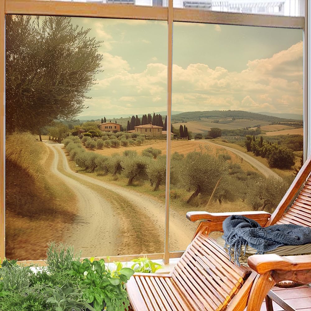 Retro Rustikale Pfad Fenster Sichtschutzfolie Abstrakte Dorf Landschaft Landschaft Milchglas Fensterfolie Dekorative Statische Haftung für Glas für Zuhause 80 x 140 cm x 2 Stück