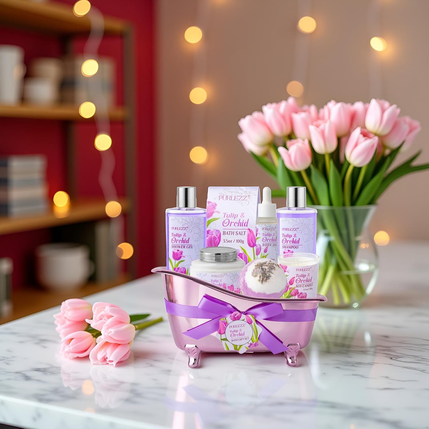 Spa Gift Basket, Mother's Day Gift for Mom - 8 Pcs Tulip scents Bath & Body Gift Set for Women, Spa Gift Kit, Birthday Gifts, Self Care, Pampering Gifts for Her, All Occasion Holiday Present - Image 4