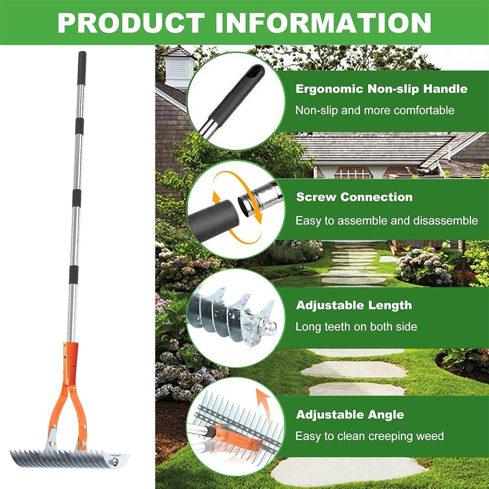Scarificatore Erba Manuale con Manico 170 cm, Scarificatore Prato Rastrello, Rastrello Aeratore per Pulizia Prato Morto e Riparazione Giardino
